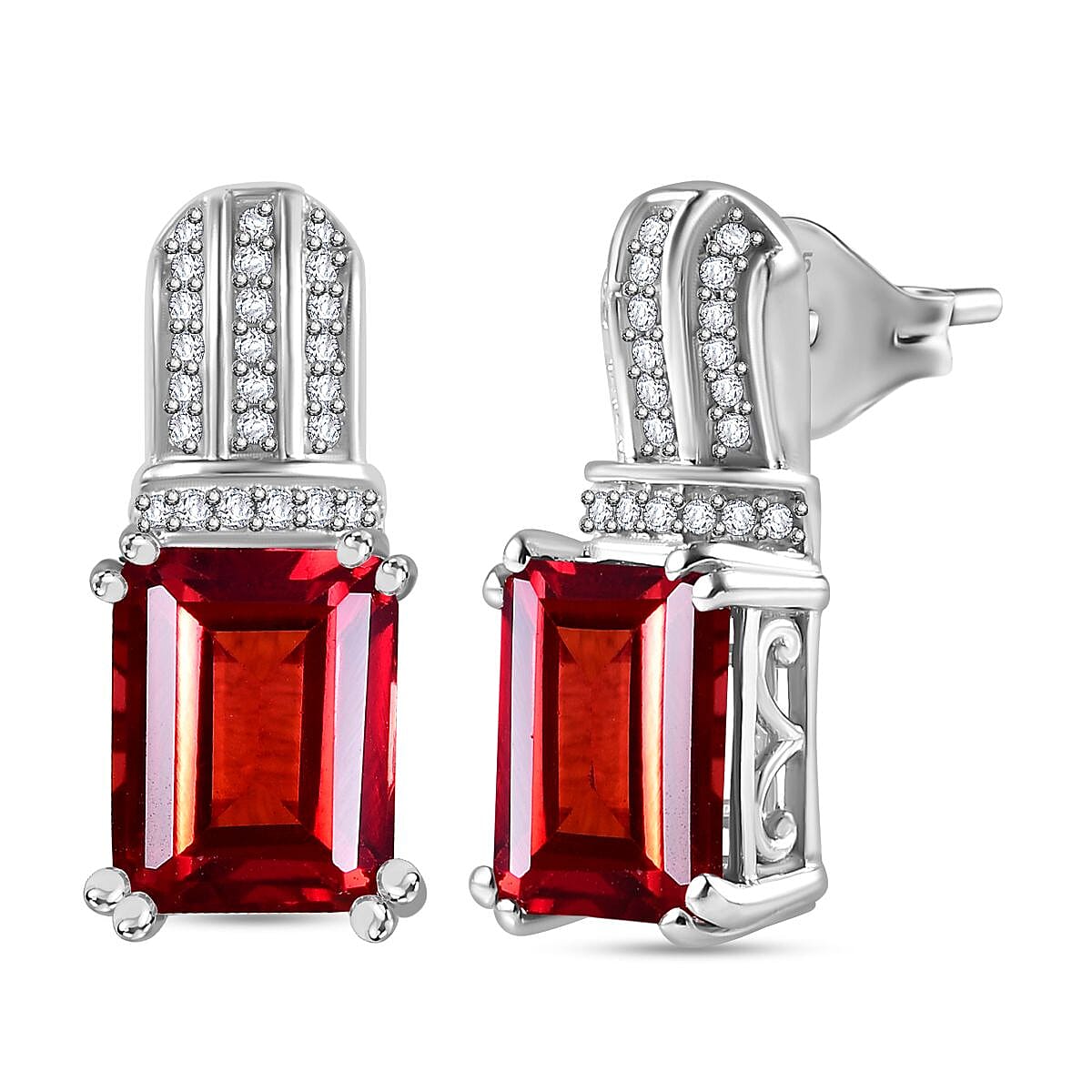 Lab Created Padparadscha Sapphire & Natural Zircon Halo Earrings in Platinum Overlay Sterling Silver 7.00 Ct.