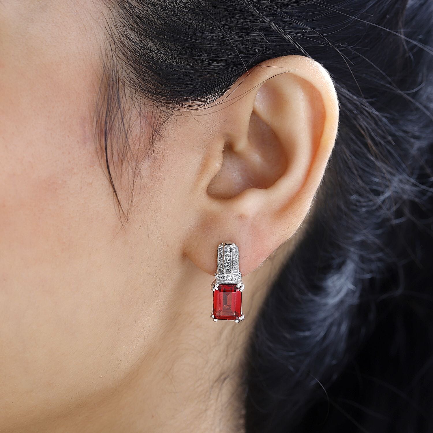 Lab Created Padparadscha Sapphire & Natural Zircon Halo Earrings in Platinum Overlay Sterling Silver 7.00 Ct.