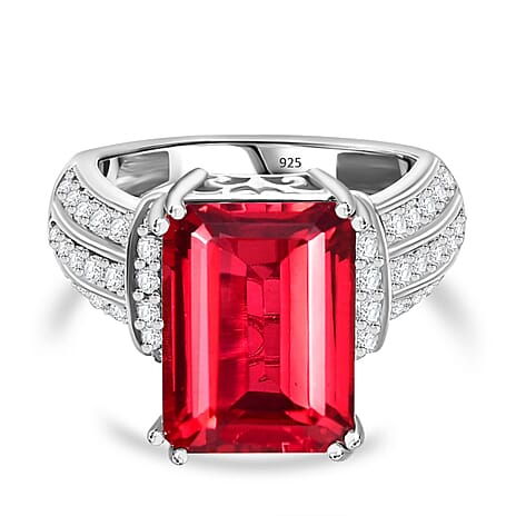 Lab Created Padparadscha Sapphire & Natural Zircon Halo Ring in Platinum Overlay Sterling Silver 12.70 Ct