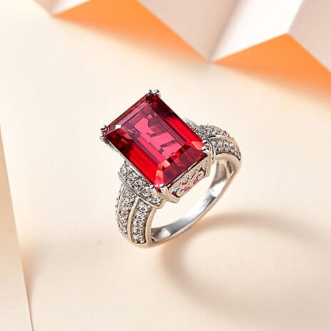 Lab Created Padparadscha Sapphire & Natural Zircon Halo Ring in Platinum Overlay Sterling Silver 12.70 Ct