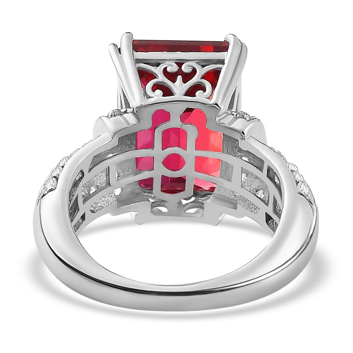 Lab Created Padparadscha Sapphire & Natural Zircon Halo Ring in Platinum Overlay Sterling Silver 12.70 Ct Lab Created Padparadscha Sapphire & Natural Zircon Halo Ring in Platinum Overlay Sterling Silver 12.70 Ct