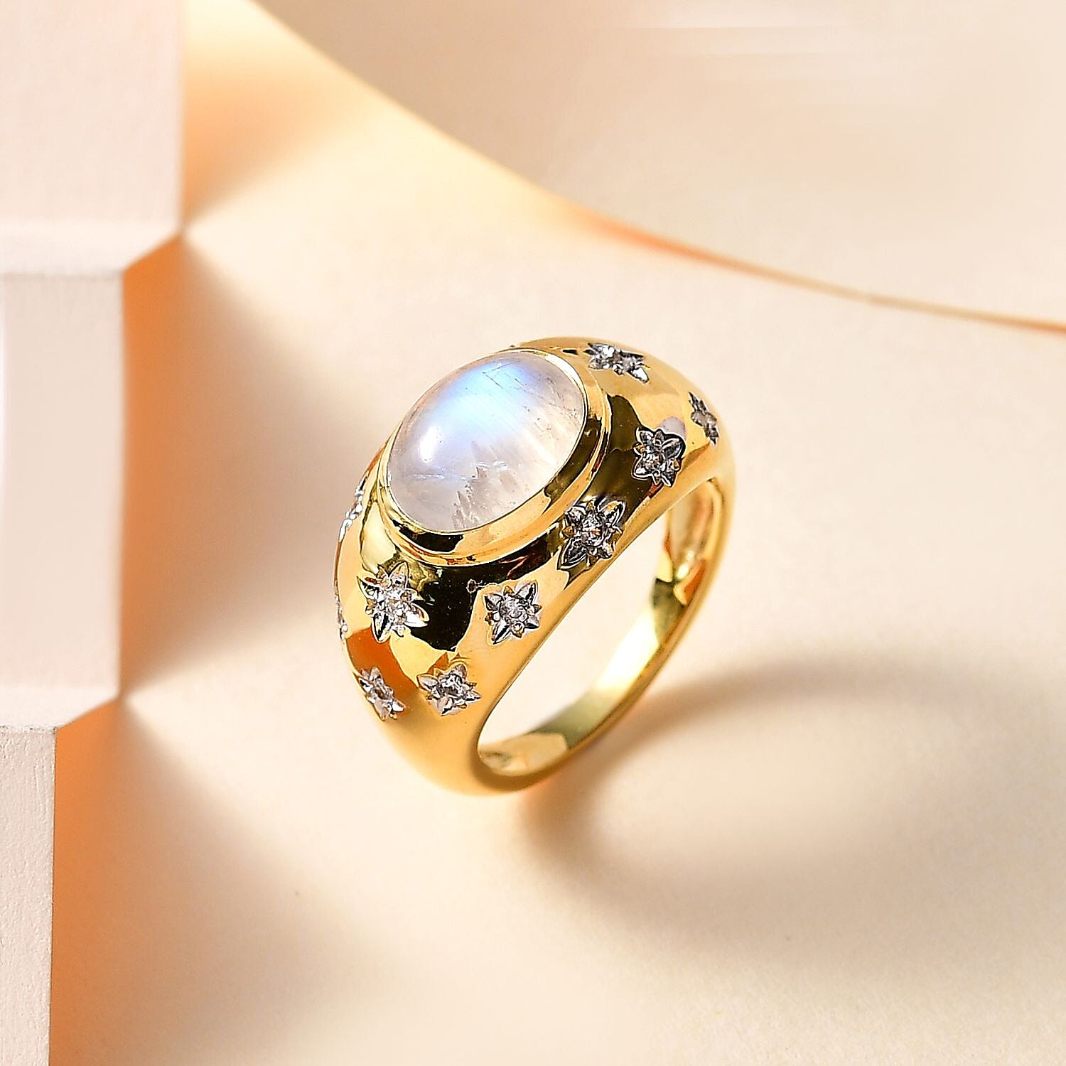 The Lunar Collection - Moon Glow Stone & Natural Zircon Ring in 18K YG Vermeil Plated Sterling Silver 3.00 Ct.
