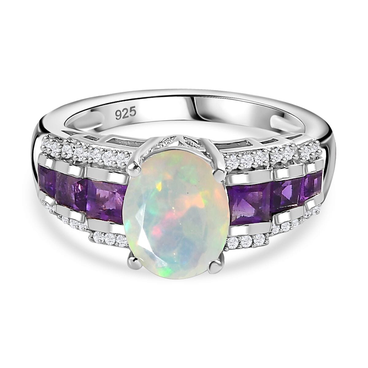 Ethiopian Welo Opal, Natural Zircon & Amethyst Half-Eternity Ring in Platinum Overlay Sterling Silver 1.80 Ct