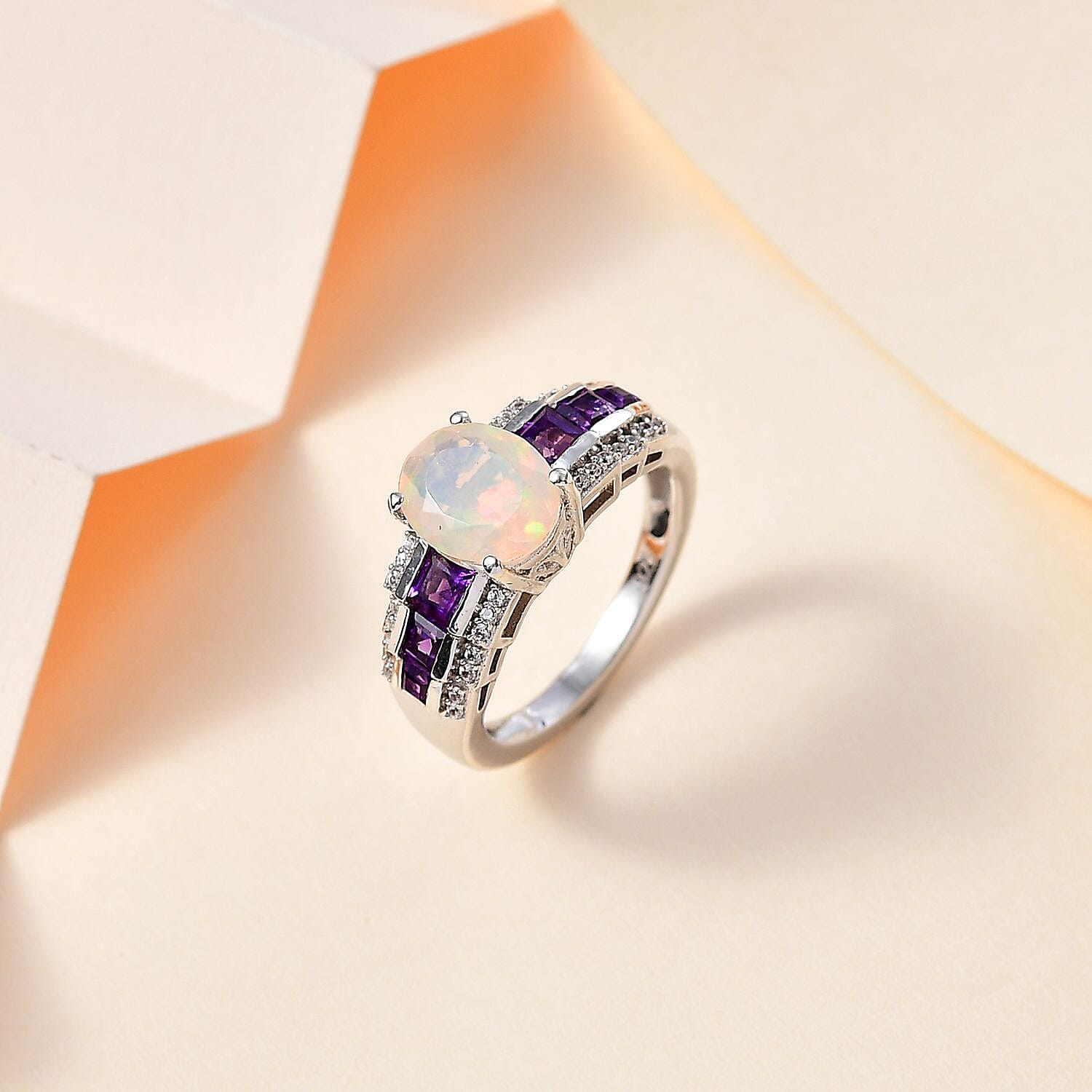 Ethiopian Welo Opal, Natural Zircon & Amethyst Half-Eternity Ring in Platinum Overlay Sterling Silver 1.80 Ct