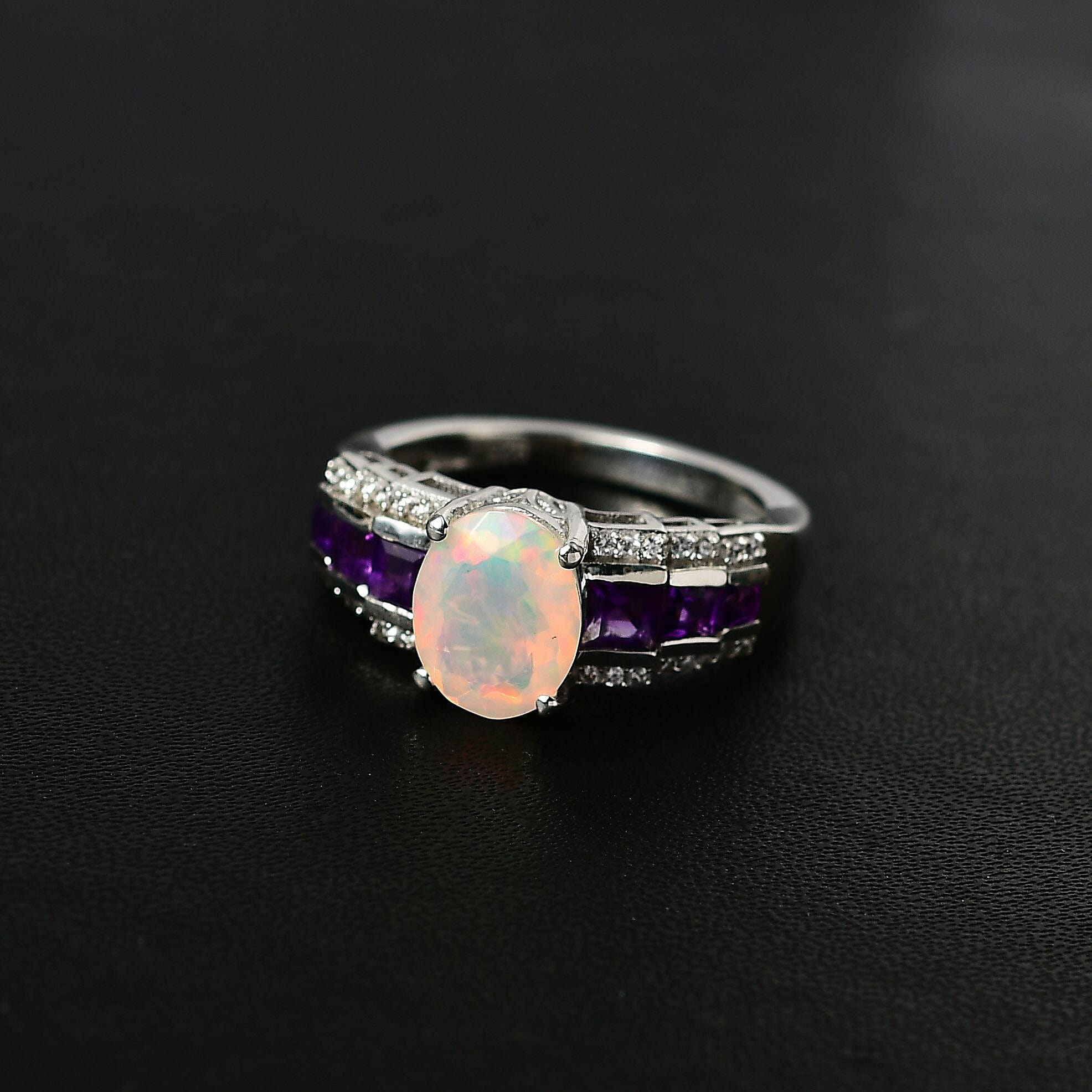 Ethiopian Welo Opal, Natural Zircon & Amethyst Half-Eternity Ring in Platinum Overlay Sterling Silver 1.80 Ct