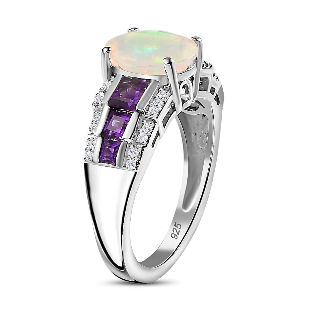 Ethiopian Welo Opal, Natural Zircon & Amethyst Half-Eternity Ring in Platinum Overlay Sterling Silver 1.80 Ct