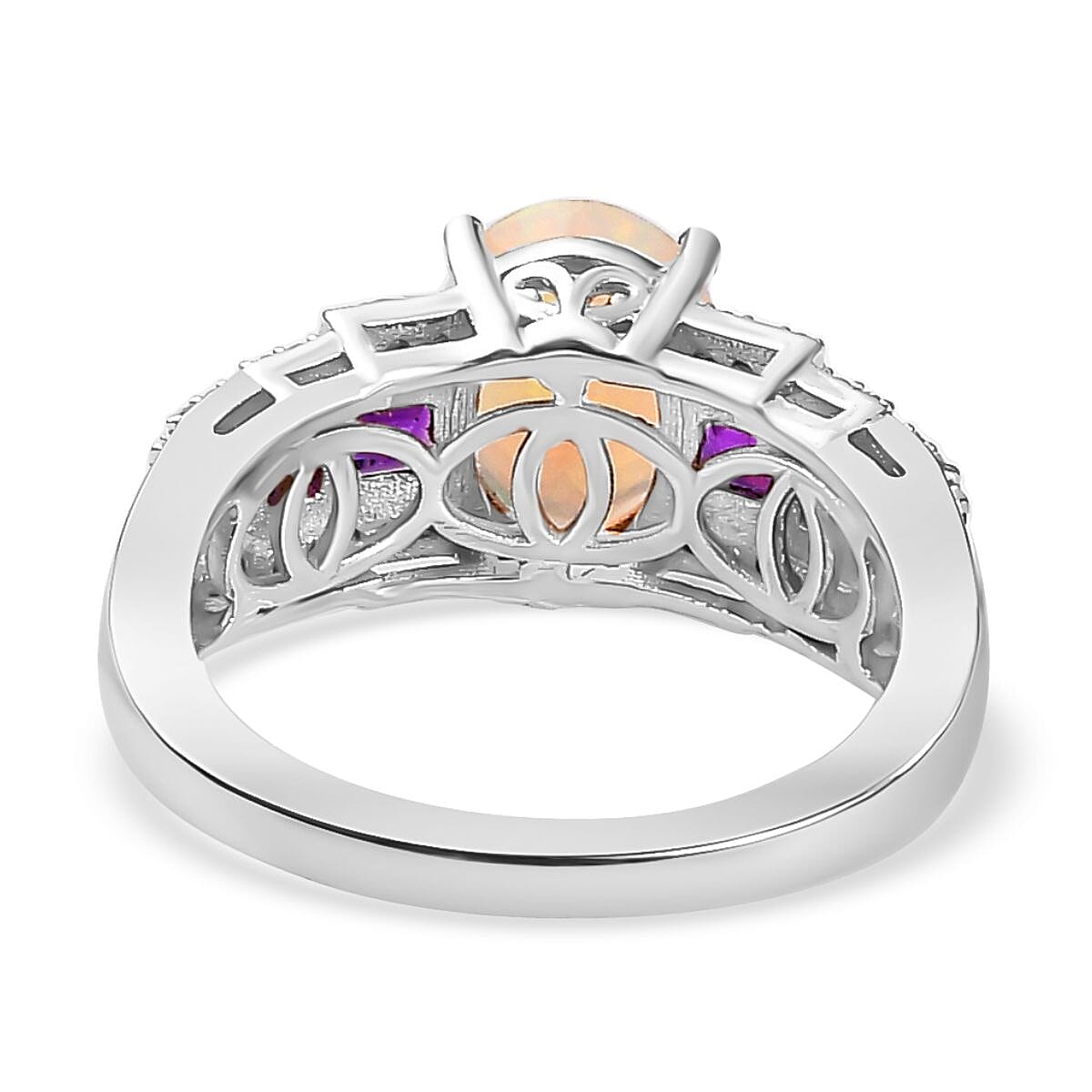 Ethiopian Welo Opal, Natural Zircon & Amethyst Half-Eternity Ring in Platinum Overlay Sterling Silver 1.80 Ct