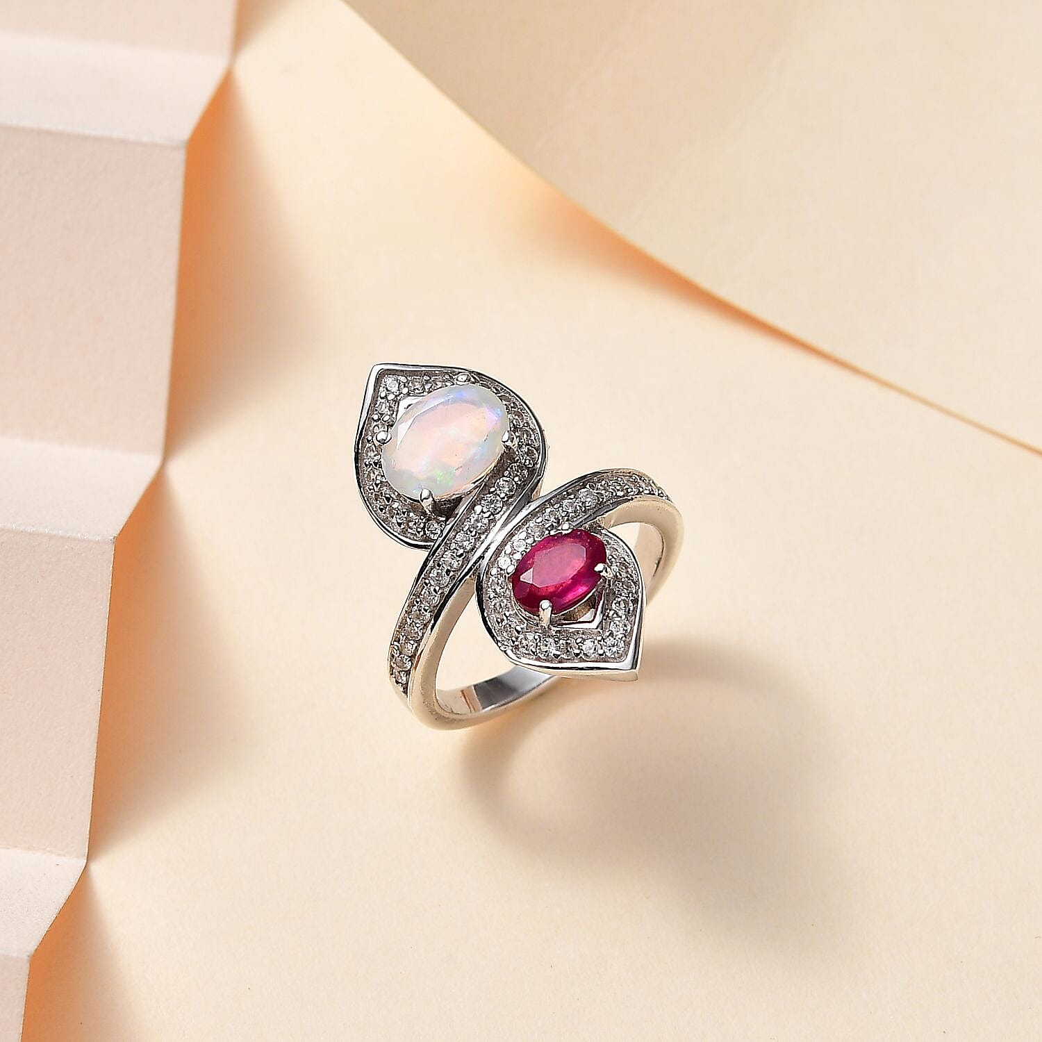 Ethiopian Welo Opal, Ruby & Natural Zircon Infinity Ring in Platinum Overlay Sterling Silver 2.00 Ct