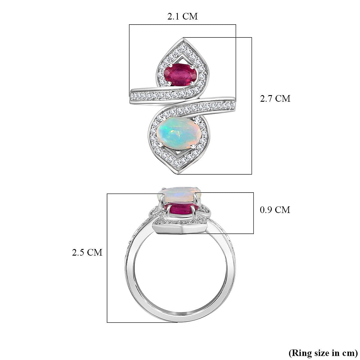 Ethiopian Welo Opal, Ruby & Natural Zircon Infinity Ring in Platinum Overlay Sterling Silver 2.00 Ct