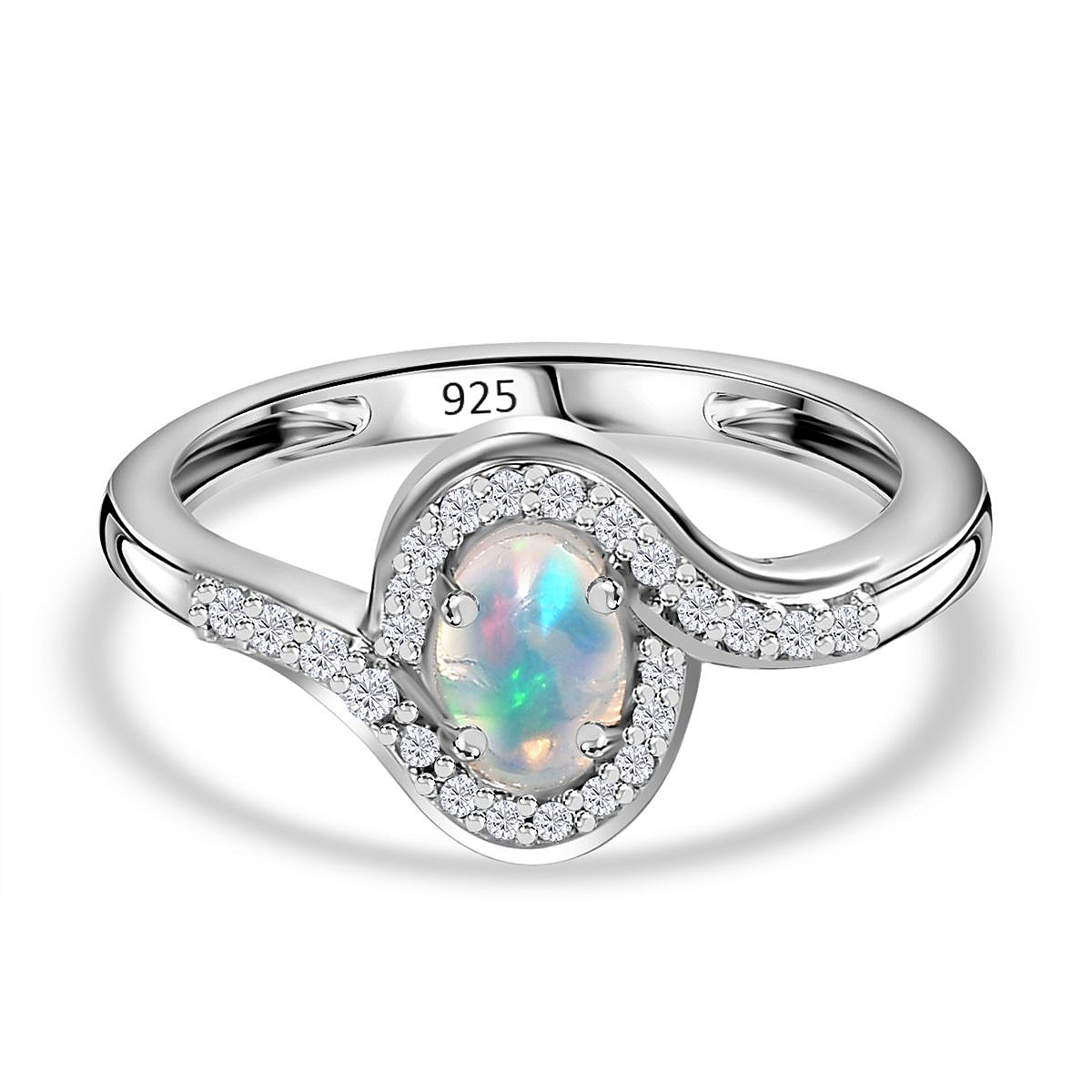 Ethiopian Welo Opal & Natural Zircon Bypass Ring in Platinum Overlay Sterling Silver