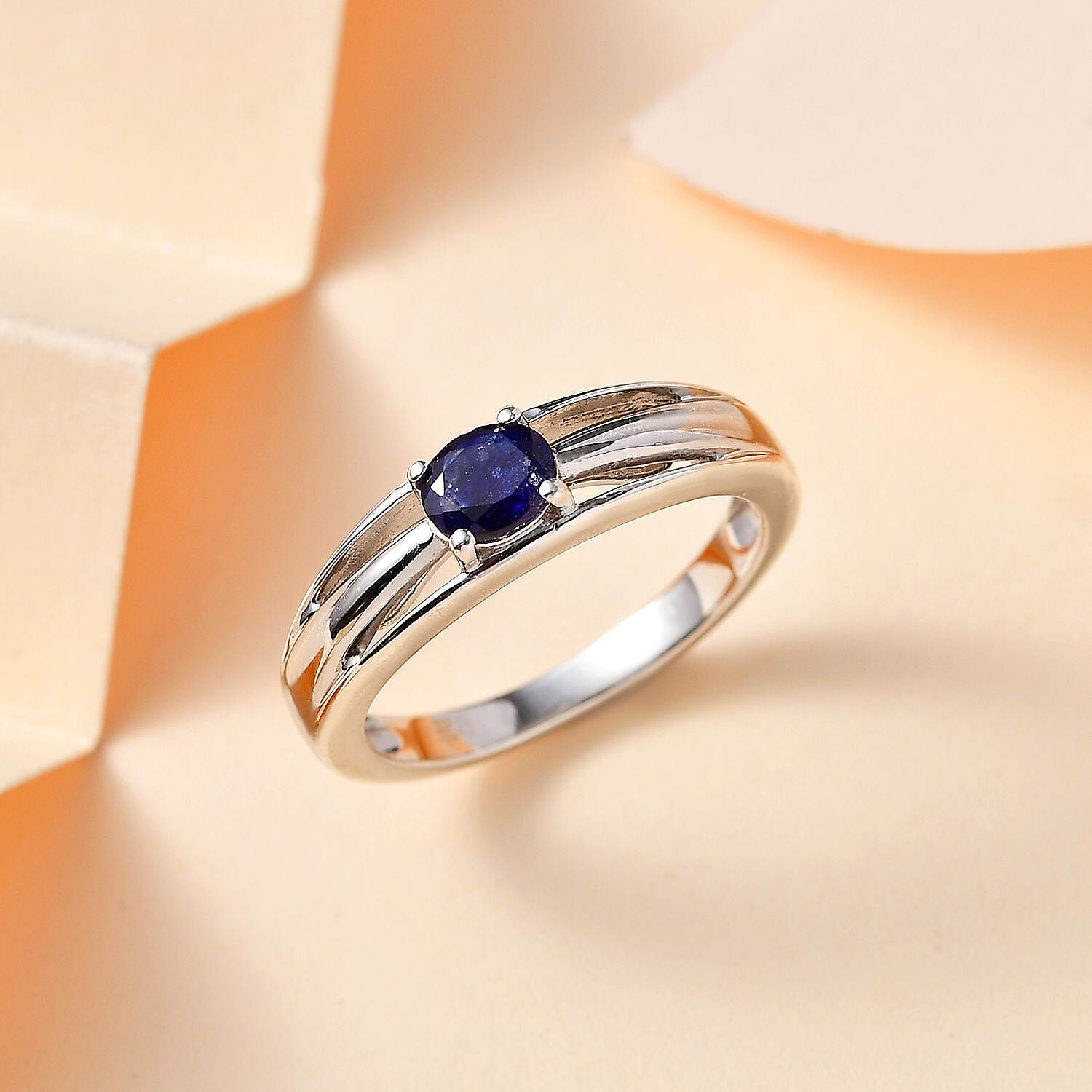 Fissure Filled Blue Sapphire  Fancy Ring in Platinum Overlay Sterling Silver 0.56 ct  0.532  Ct.