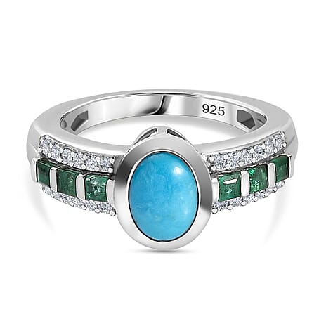 Arizona Sleeping Beauty Turquoise, Emerald & Natural Zircon Half -Eternity Ring in Platinum Overlay Sterling Silver 1.68 Ct