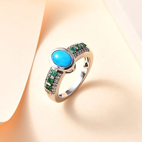 Arizona Sleeping Beauty Turquoise, Emerald & Natural Zircon Half -Eternity Ring in Platinum Overlay Sterling Silver 1.68 Ct