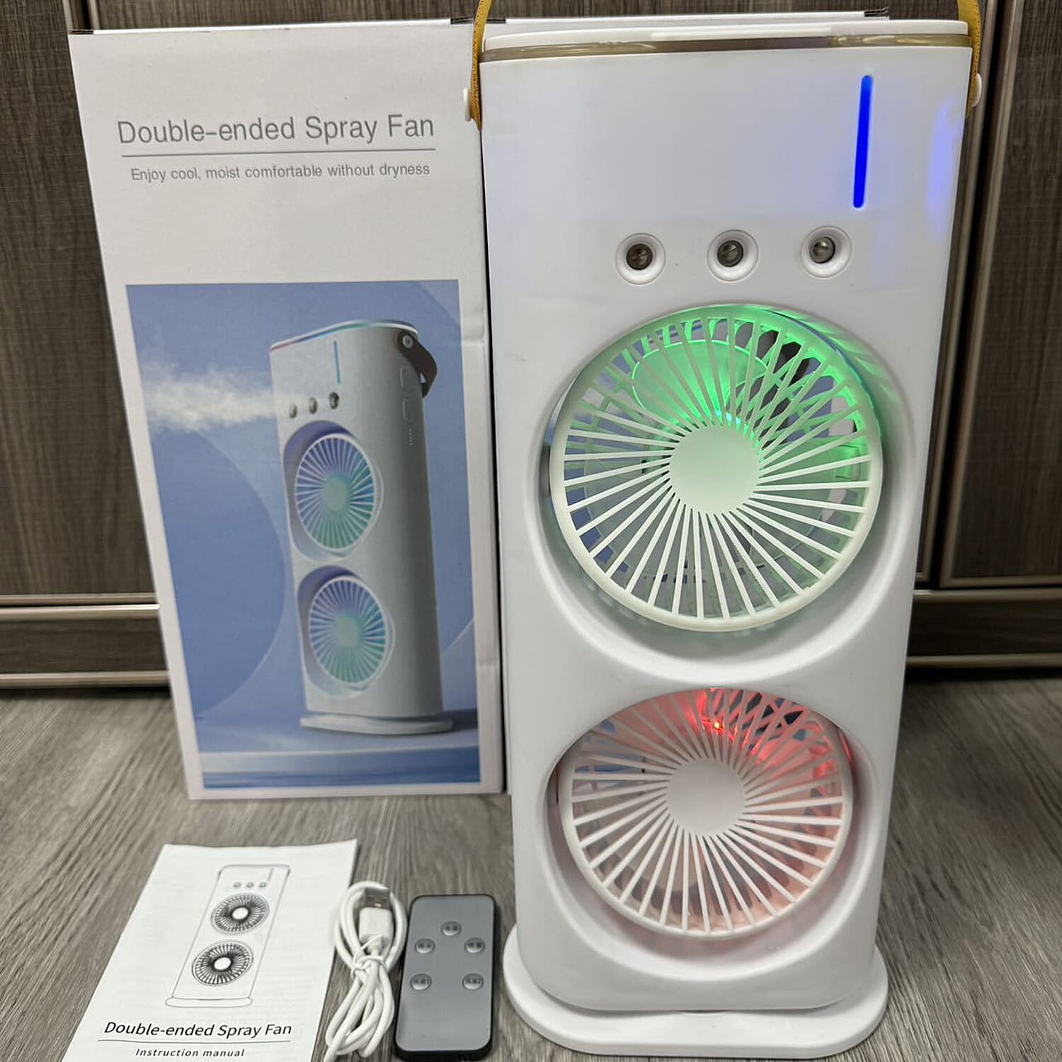 Portable Rechargeable Double Spray Fan with remote - White