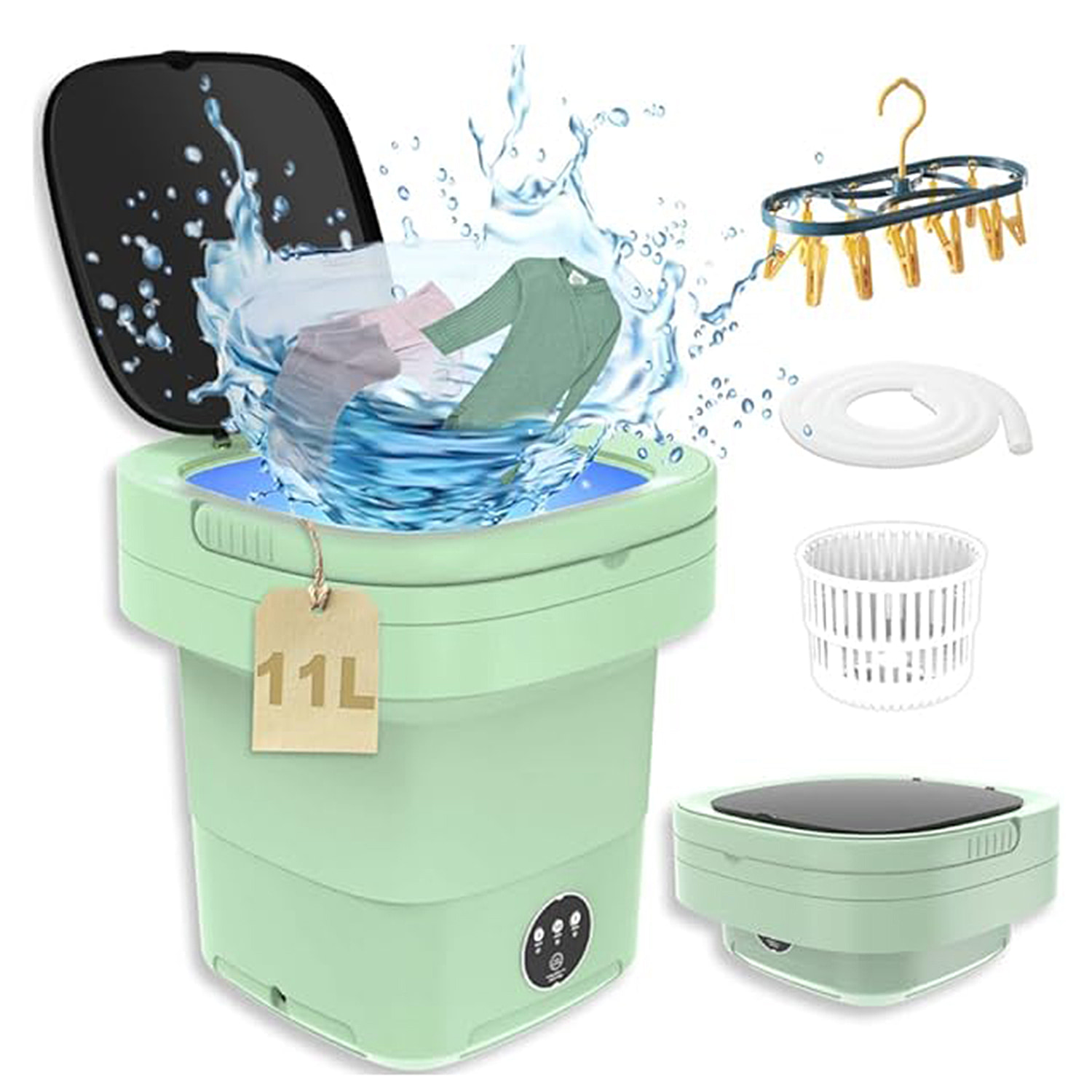 35 W Energy Efficient Foldable & Portable Mini Washing Machine with 11L Capacity - Green With FREE Colour Catcher Sheets