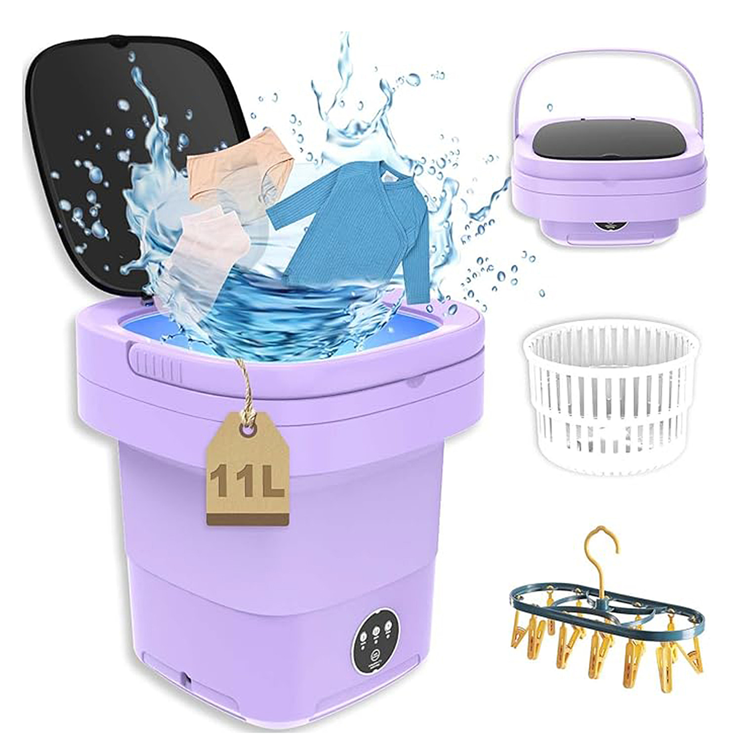 35 W Energy Efficient Foldable & Portable Mini Washing Machine with 11L Capacity - Purple With FREE Colour Catcher Sheets