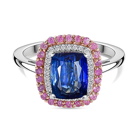 The Rare Find - Natural Kashmir Kyanite, Pink Sapphire & Natural Zircon Halo Ring in Platinum Overlay Sterling Silver 3.62 Ct .