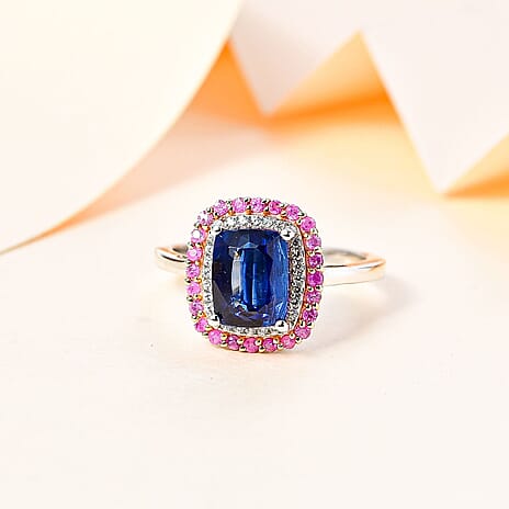 The Rare Find - Natural Kashmir Kyanite, Pink Sapphire & Natural Zircon Halo Ring in Platinum Overlay Sterling Silver 3.62 Ct .