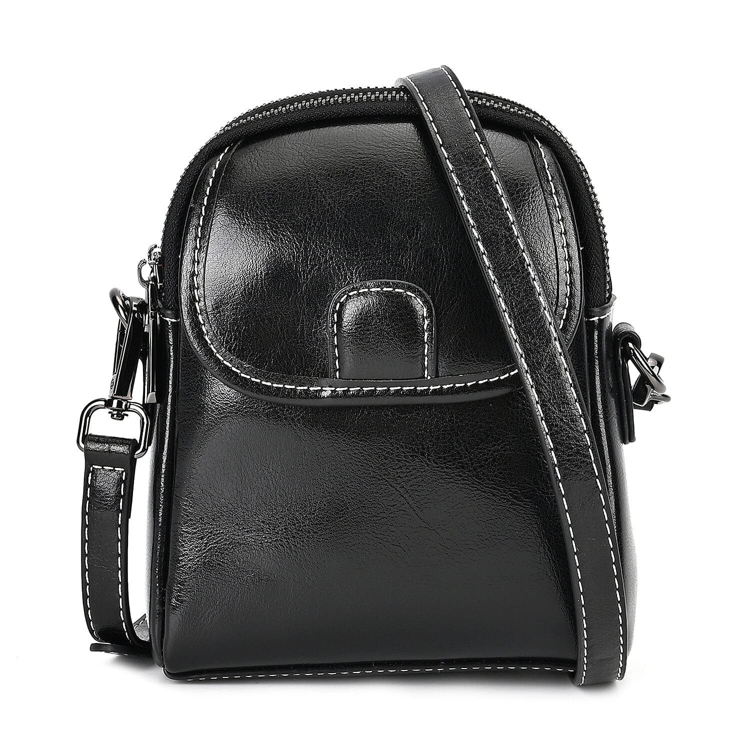 Genuine Leather Crossbody Bag with Long Shoulder Strap - Black