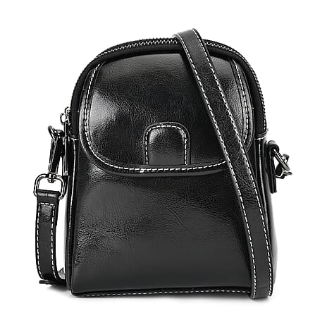 Genuine Leather Mini Messenger Crossbody Bag With Adjustable Strap - Black