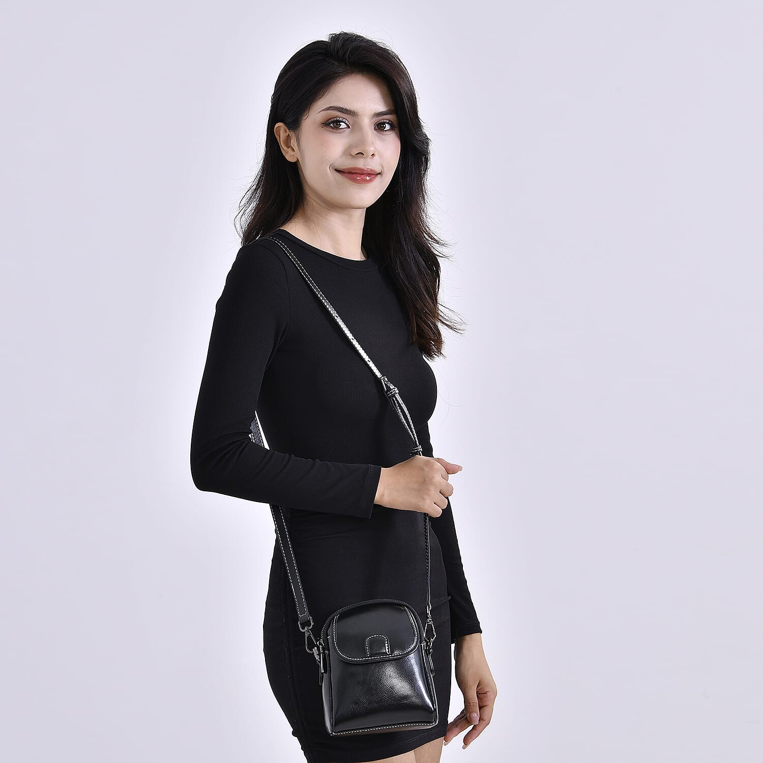 Genuine Leather Crossbody Bag with Long Shoulder Strap - Black