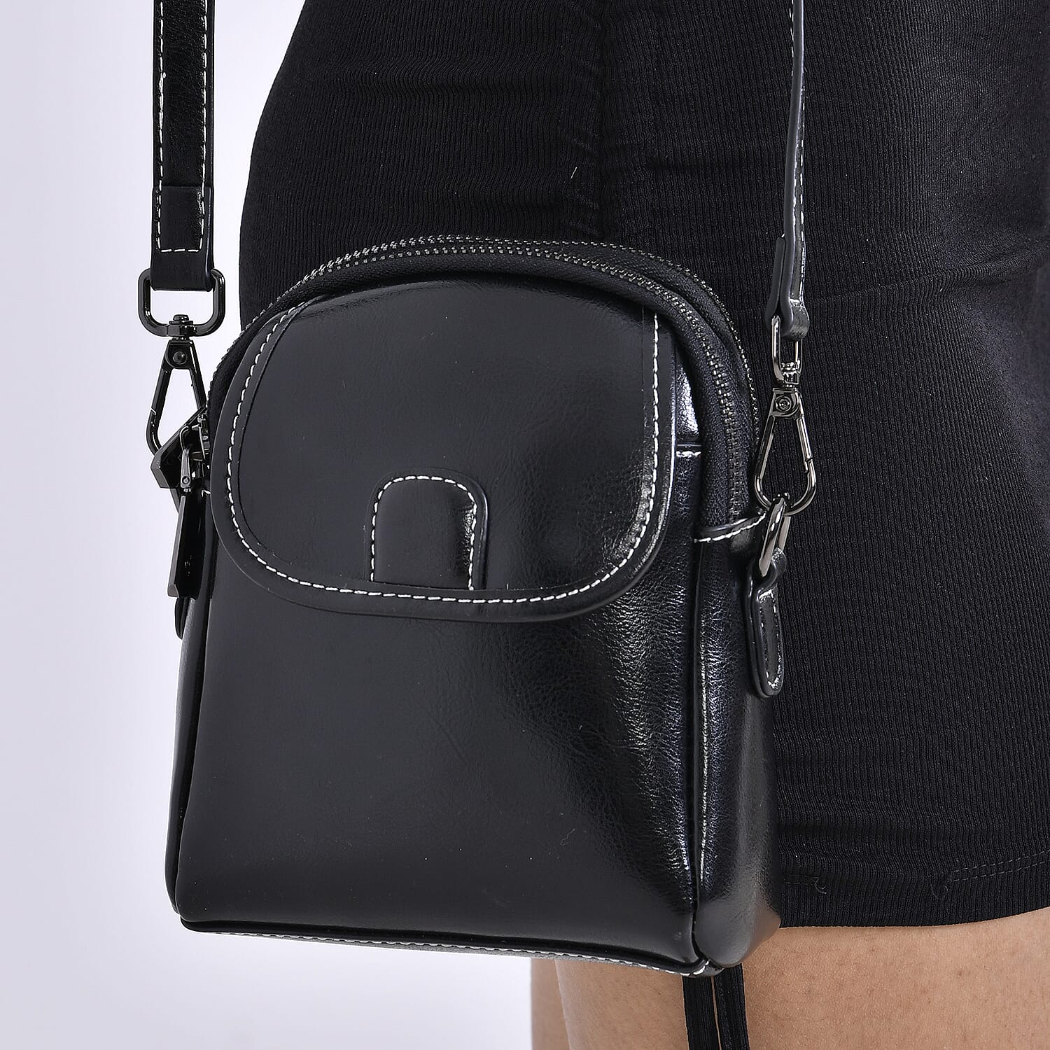 Genuine Leather Crossbody Bag with Long Shoulder Strap - Black