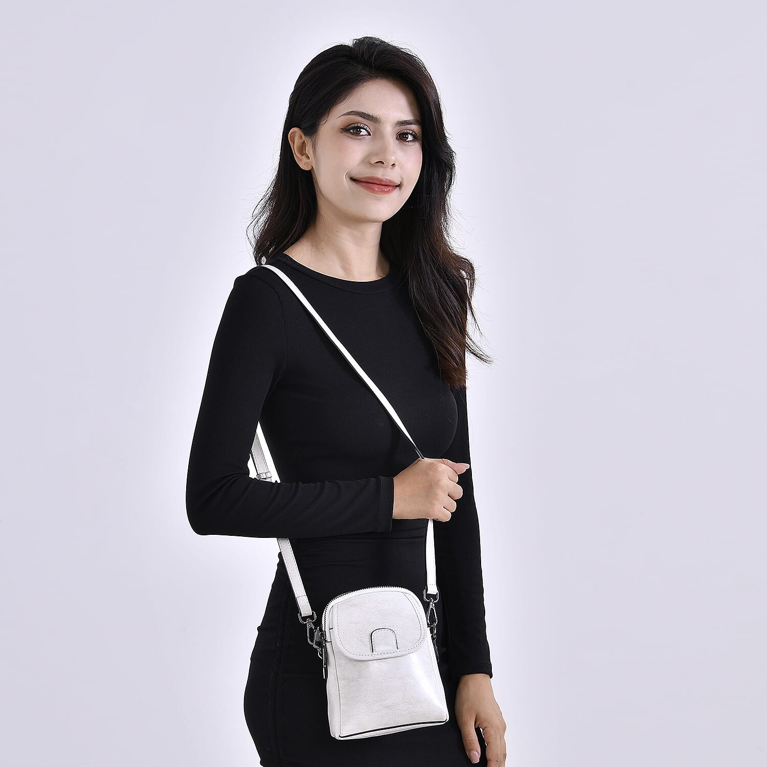 Genuine Leather Crossbody Bag with Long Shoulder Strap - White