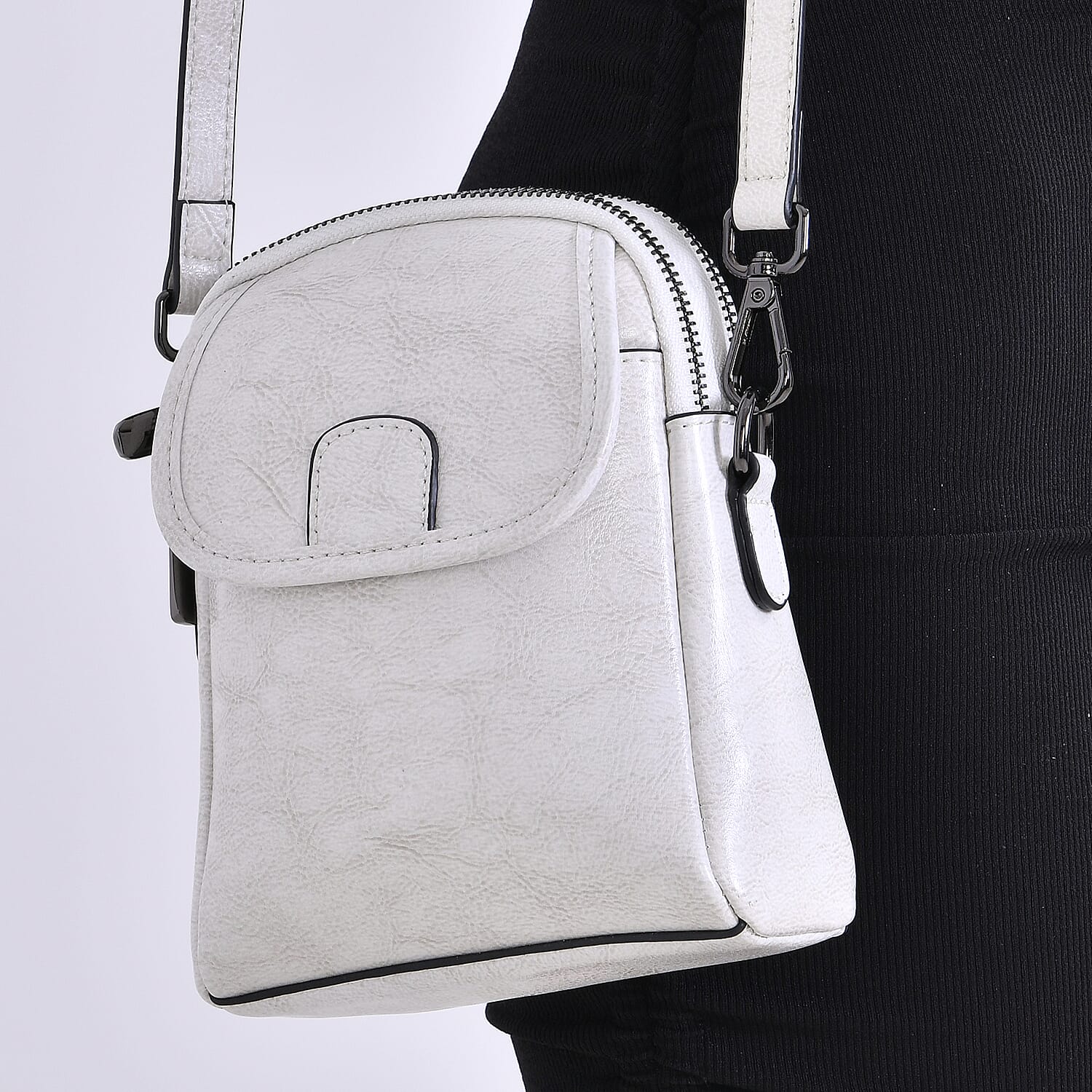 Genuine Leather Crossbody Bag with Long Shoulder Strap - White