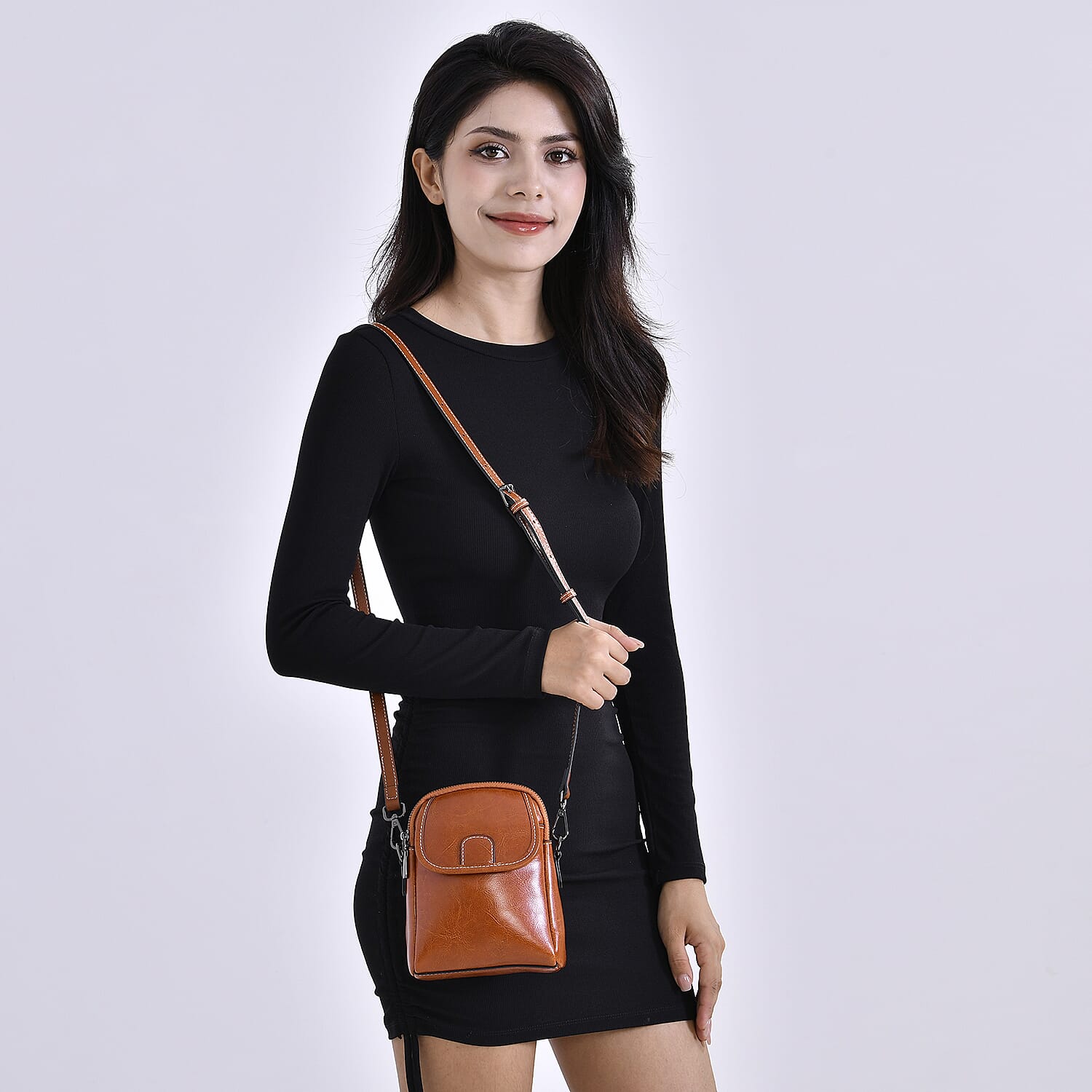 Leather Solid Crossbody Bag (Size 14x8x19 cm) - Tan & Black