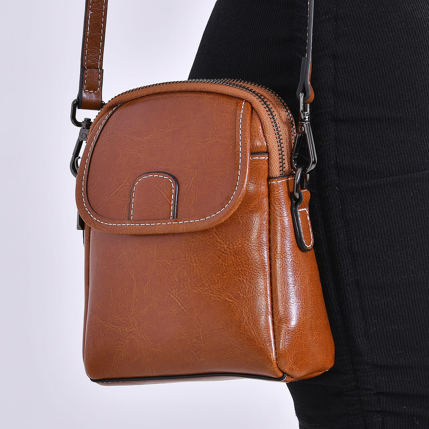 Leather Solid Crossbody Bag (Size 14x8x19 cm) - Tan & Black