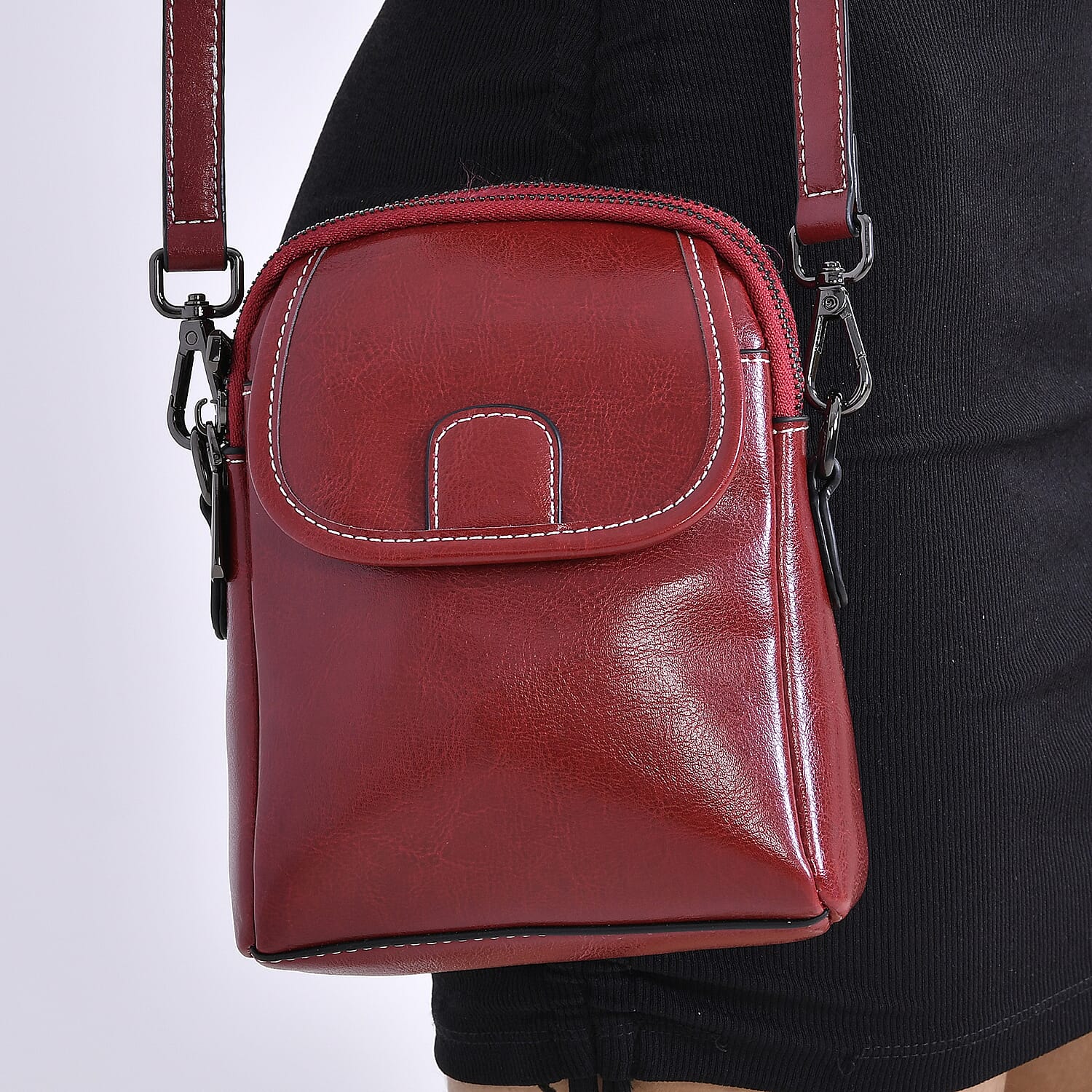 Genuine Leather Crossbody Bag with Long Shoulder Strap - Burgundy