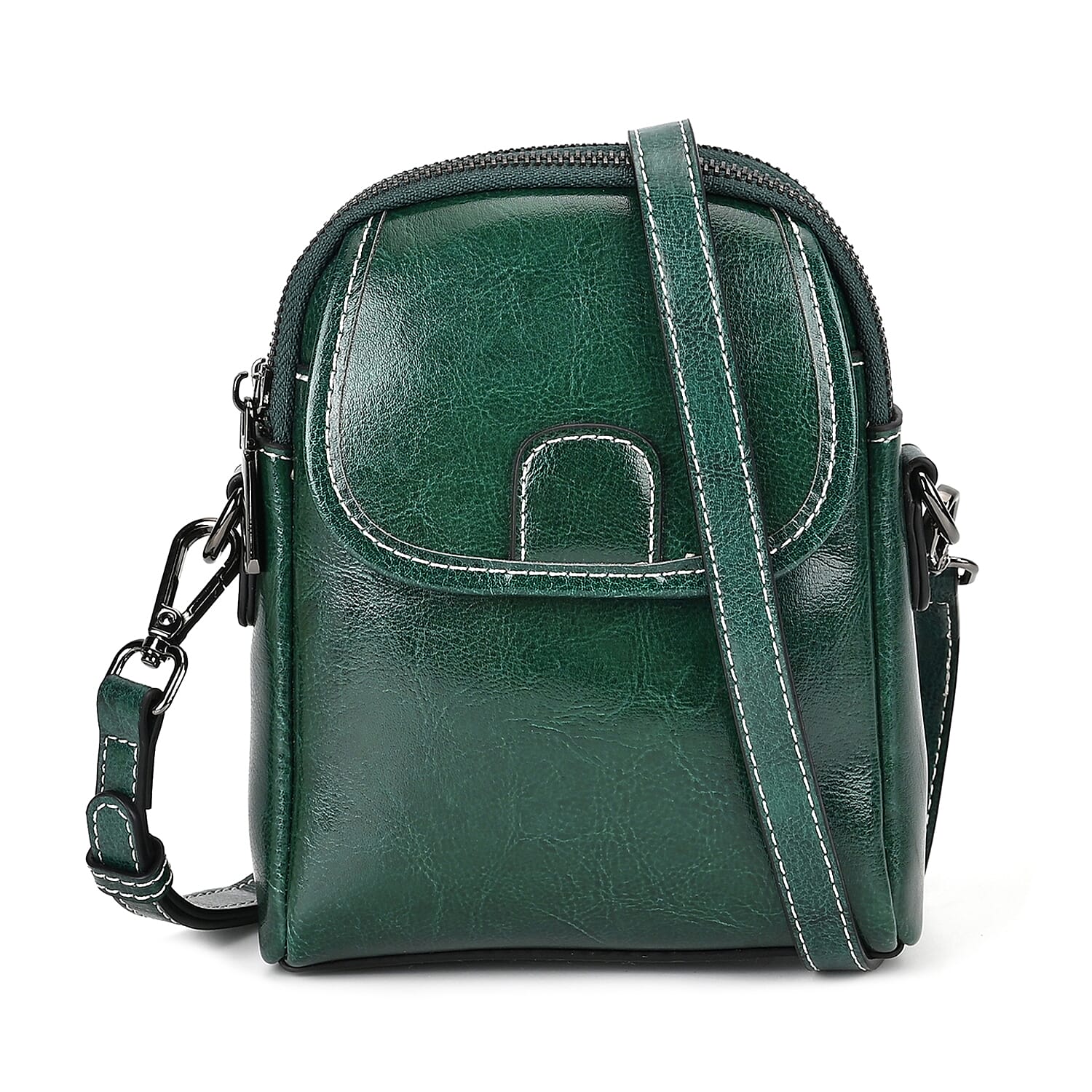 Genuine Leather Crossbody Bag with Long Shoulder Strap - Green