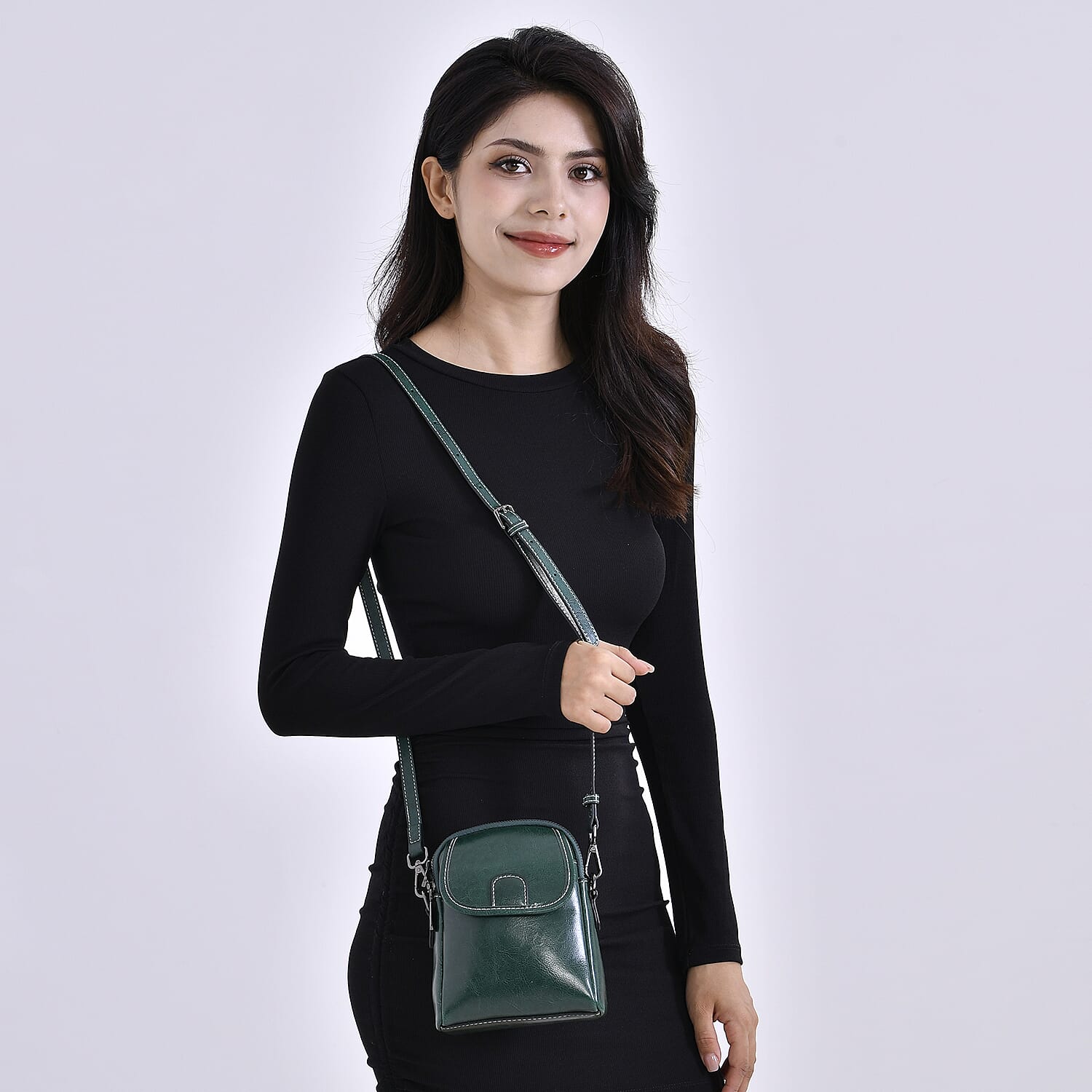 Genuine Leather Crossbody Bag with Long Shoulder Strap - Green