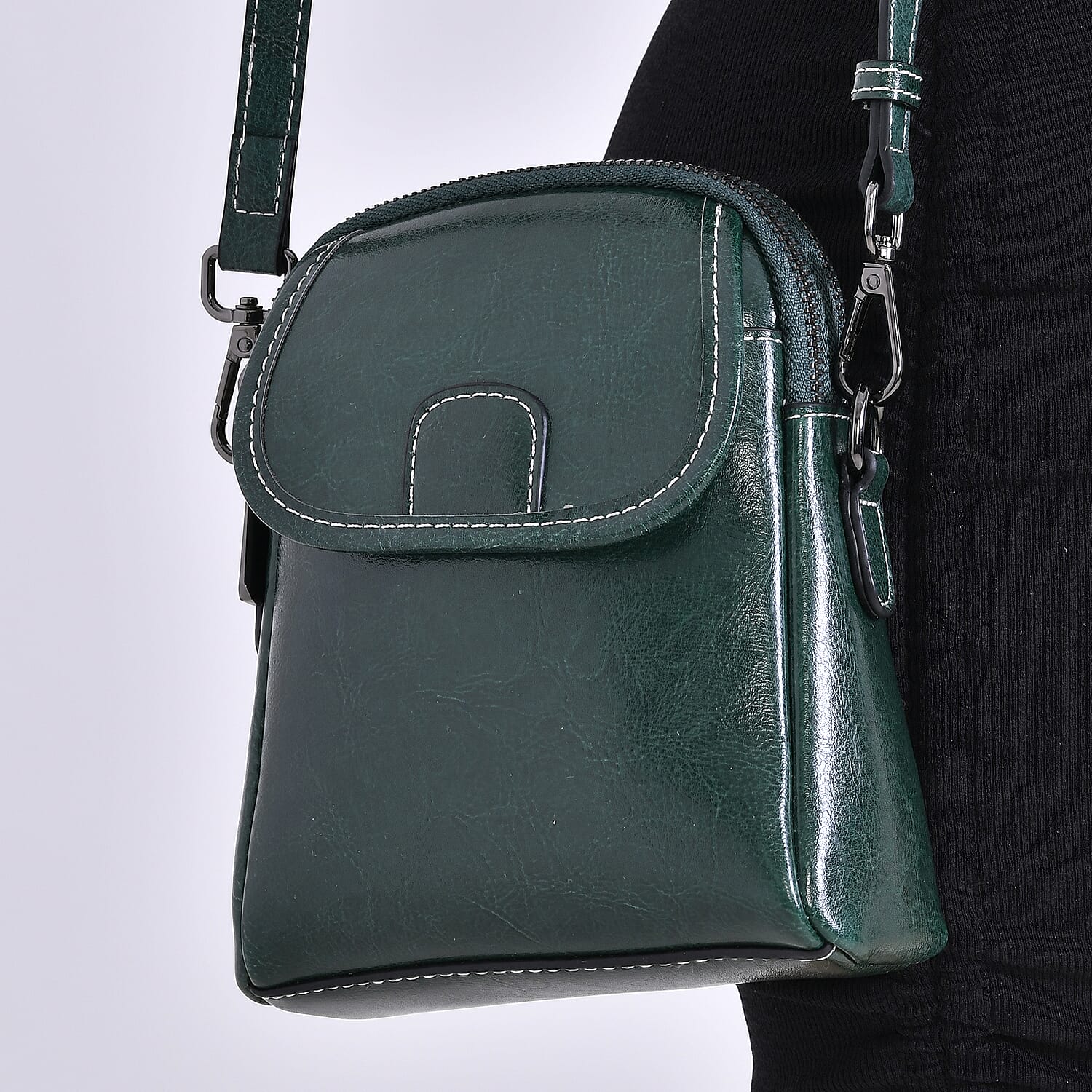 Genuine Leather Crossbody Bag with Long Shoulder Strap - Green