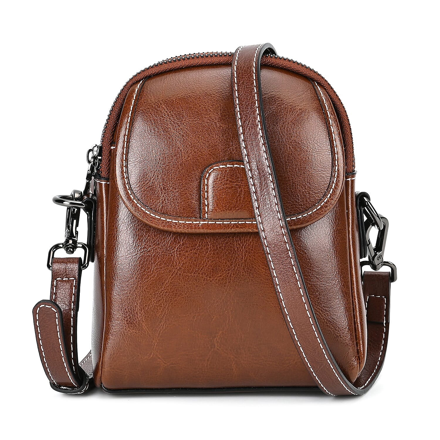 Genuine Leather Crossbody Bag with Long Shoulder Strap - Brown