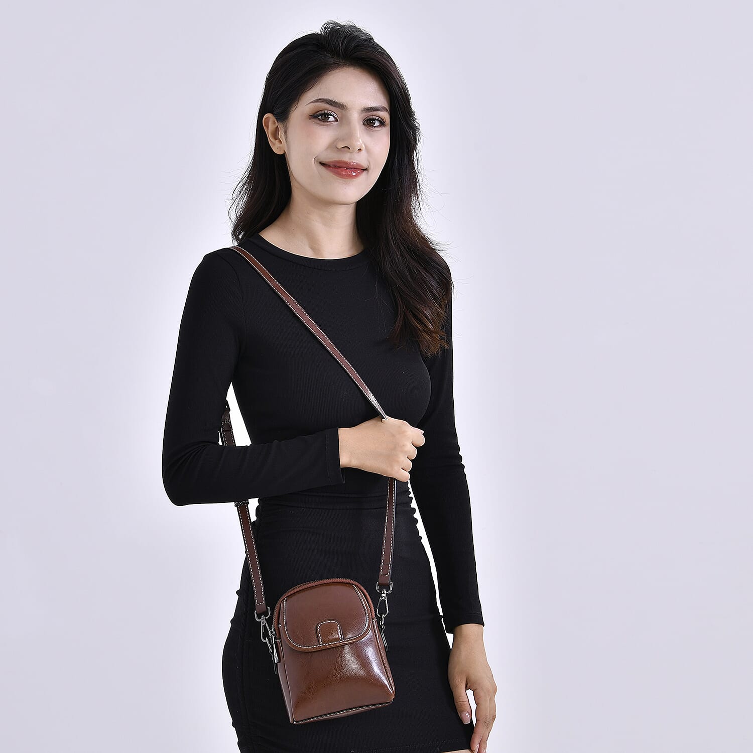 Genuine Leather Crossbody Bag with Long Shoulder Strap - Brown