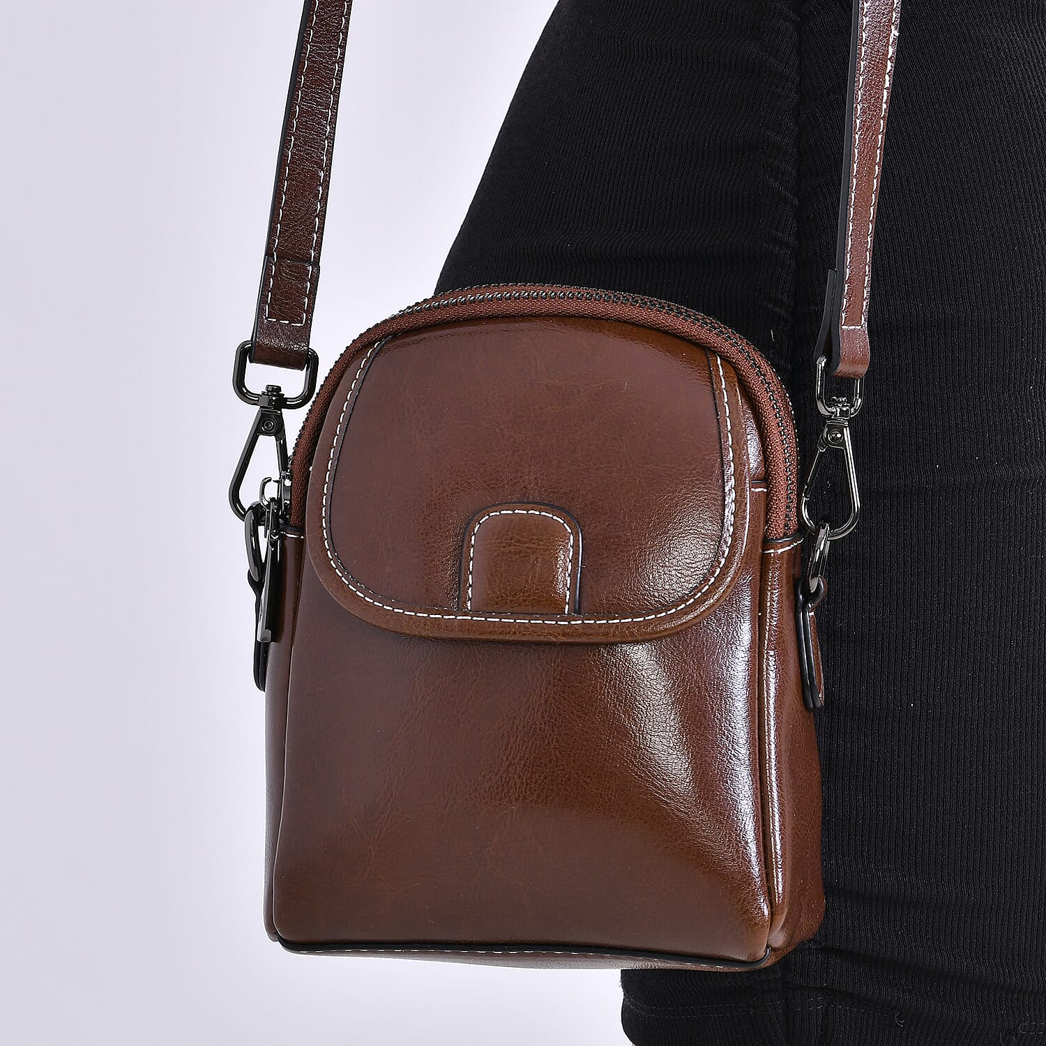 Genuine Leather Crossbody Bag with Long Shoulder Strap - Brown