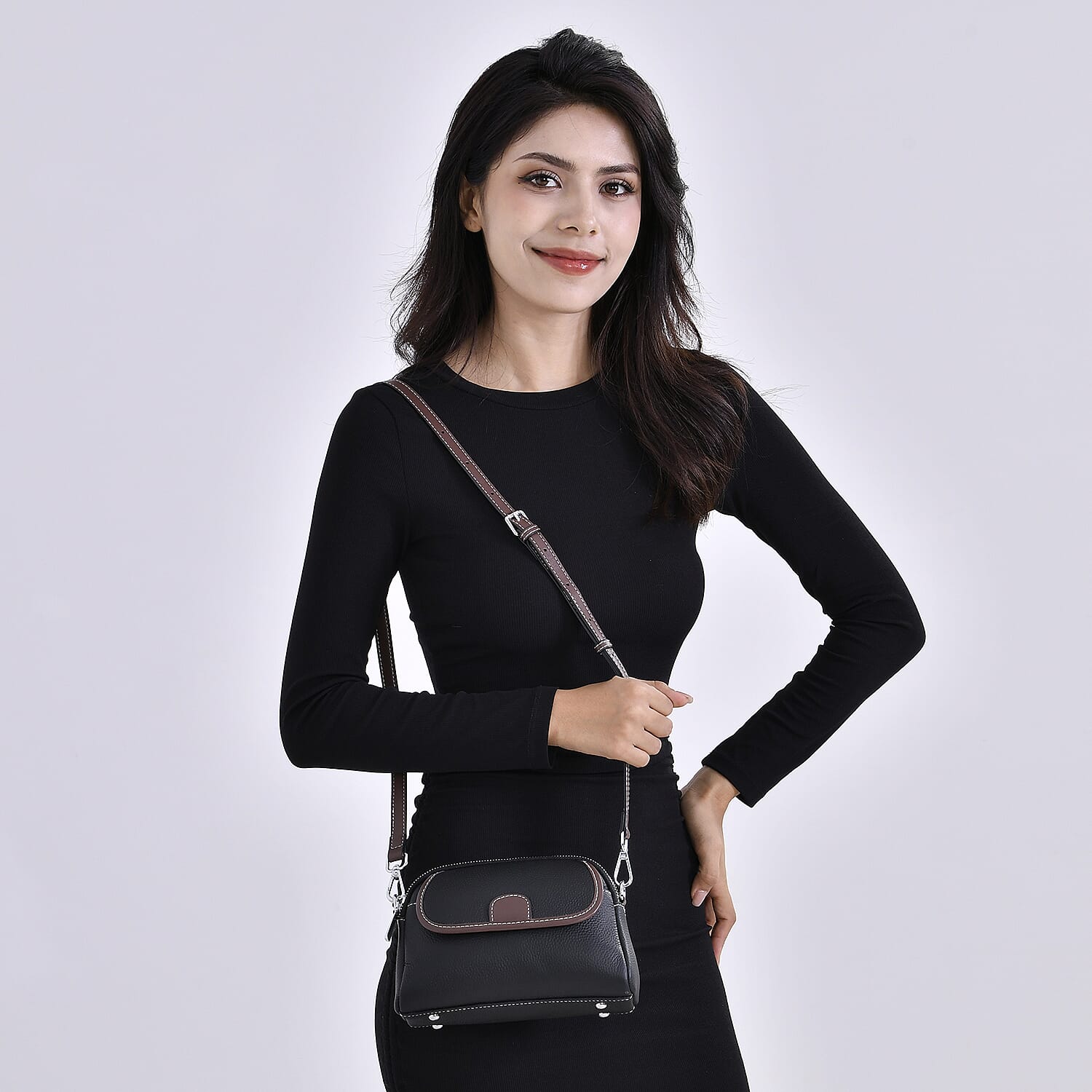 100% Genuine Leather Solid Crossbody Bag (Size 21x8x15 cm) - Black