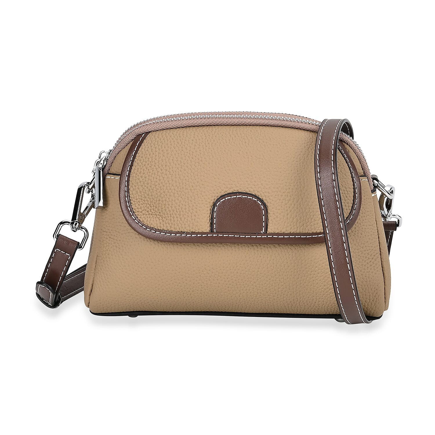 Genuine Leather Crossbody Bag with Long Shoulder Strap - Light Brown