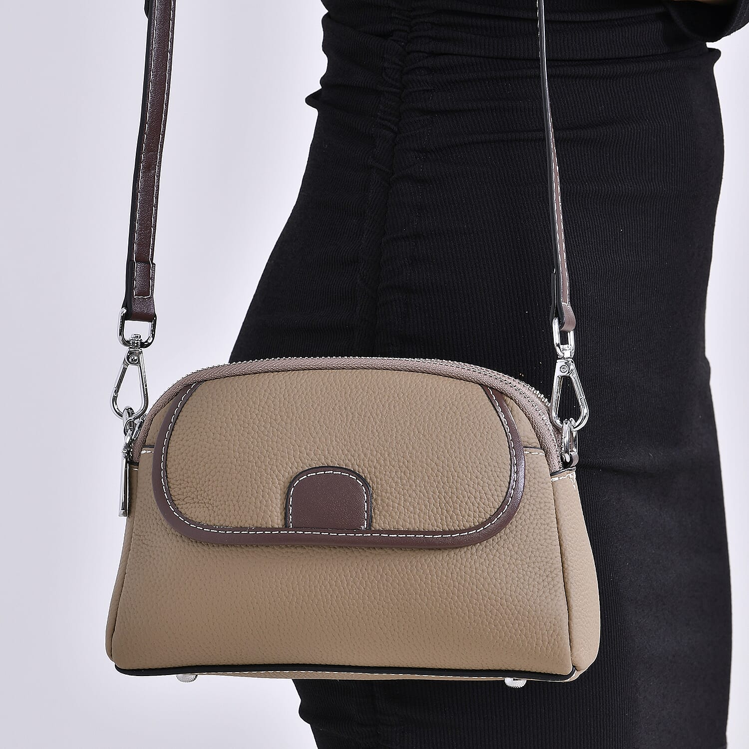 Genuine Leather Crossbody Bag with Long Shoulder Strap - Light Brown