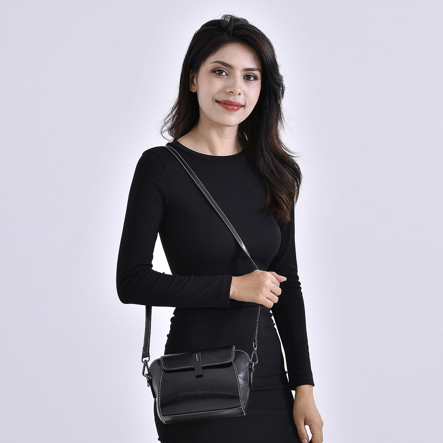 One Time Deal - Designer Inspired Genuine Leather Crossbody Bag - Black