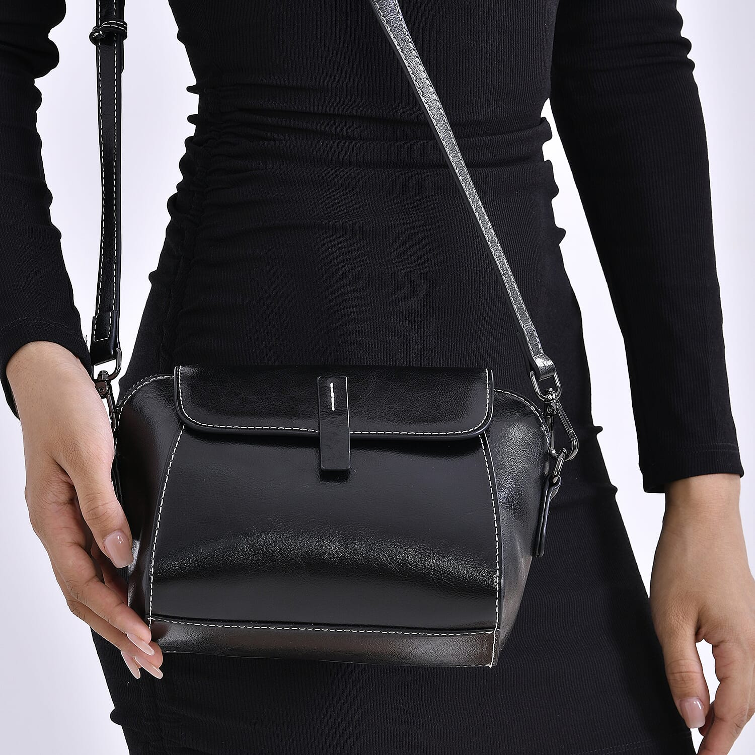 One Time Deal - Designer Inspired Genuine Leather Crossbody Bag - Black