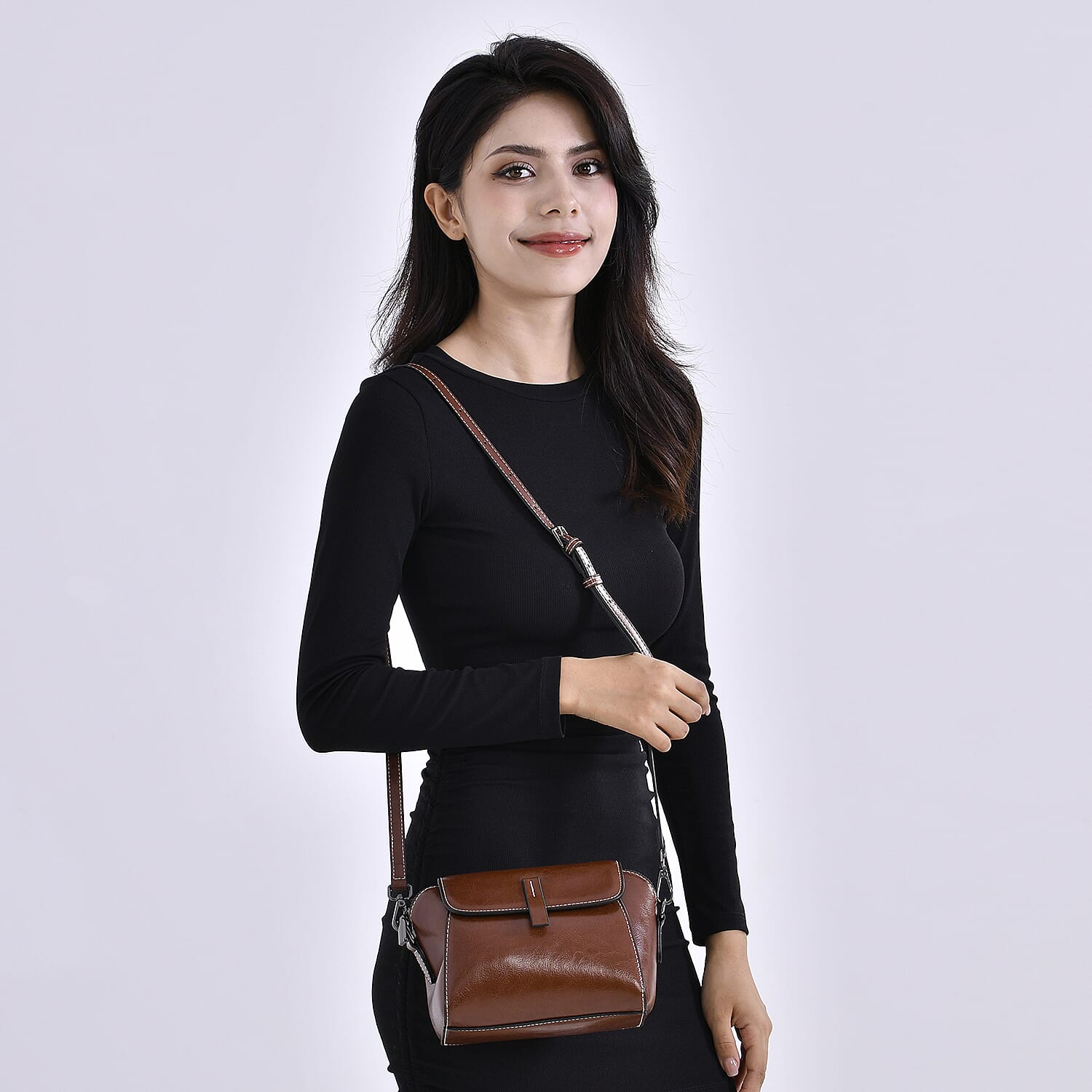 One Time Deal - Designer Inspired Genuine Leather Crossbody Bag - Brown