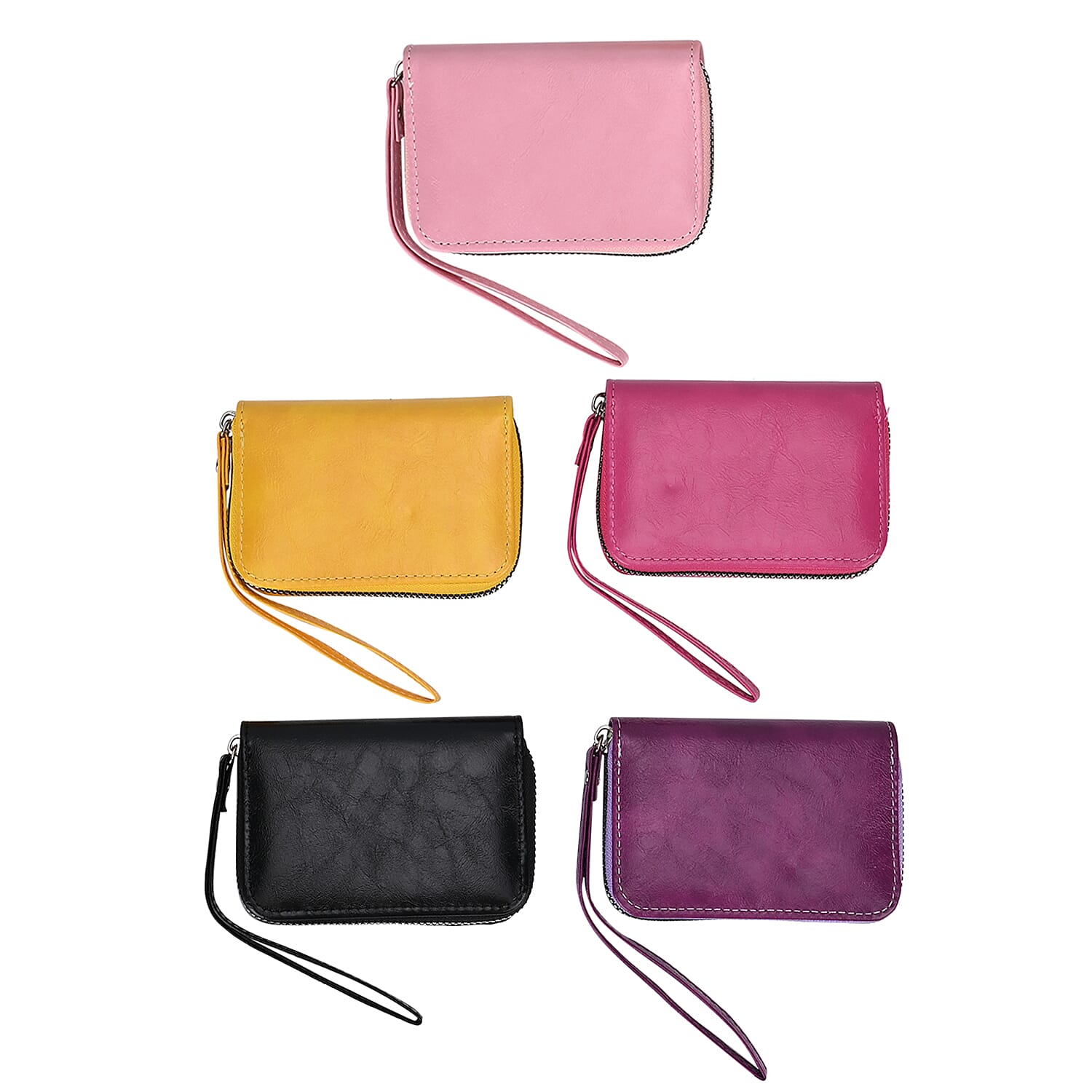 Set of 5 Solid Color Card Holders with Wrist Strap - Black, Purple, Rose Pink, Pink & Yellow