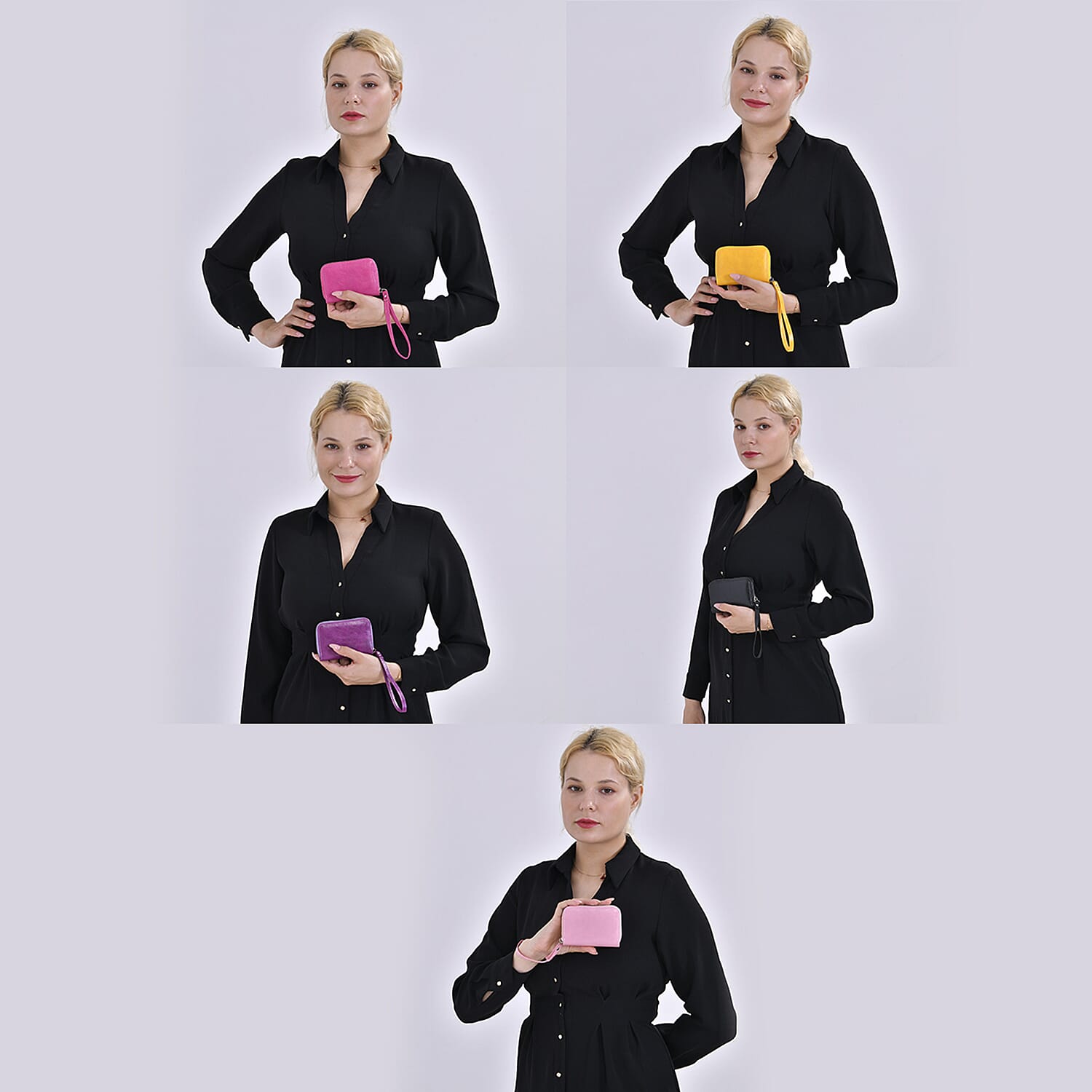 Set of 5 Solid Color Card Holders with Wrist Strap - Black, Purple, Rose Pink, Pink & Yellow