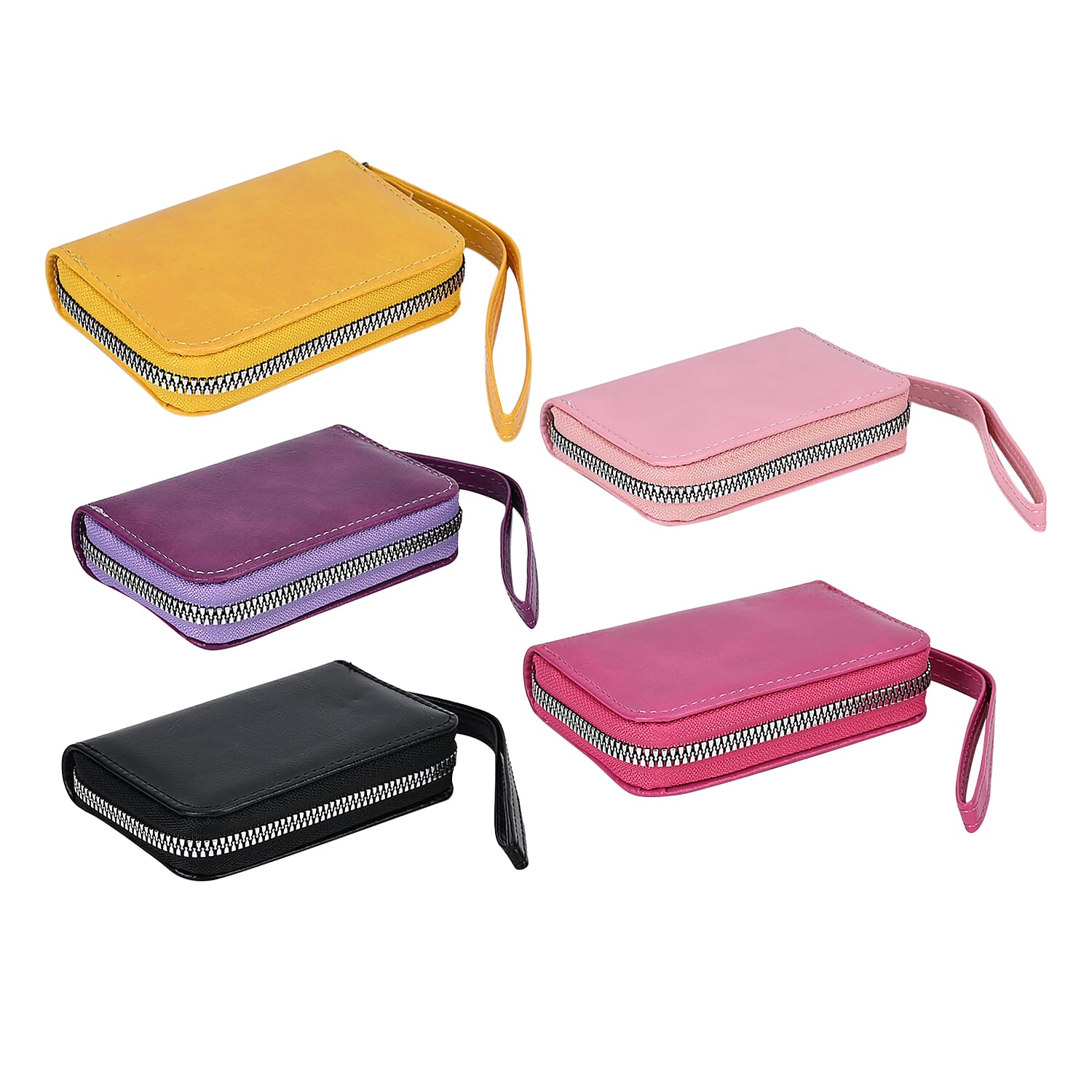 Set of 5 Solid Color Card Holders with Wrist Strap - Black, Purple, Rose Pink, Pink & Yellow