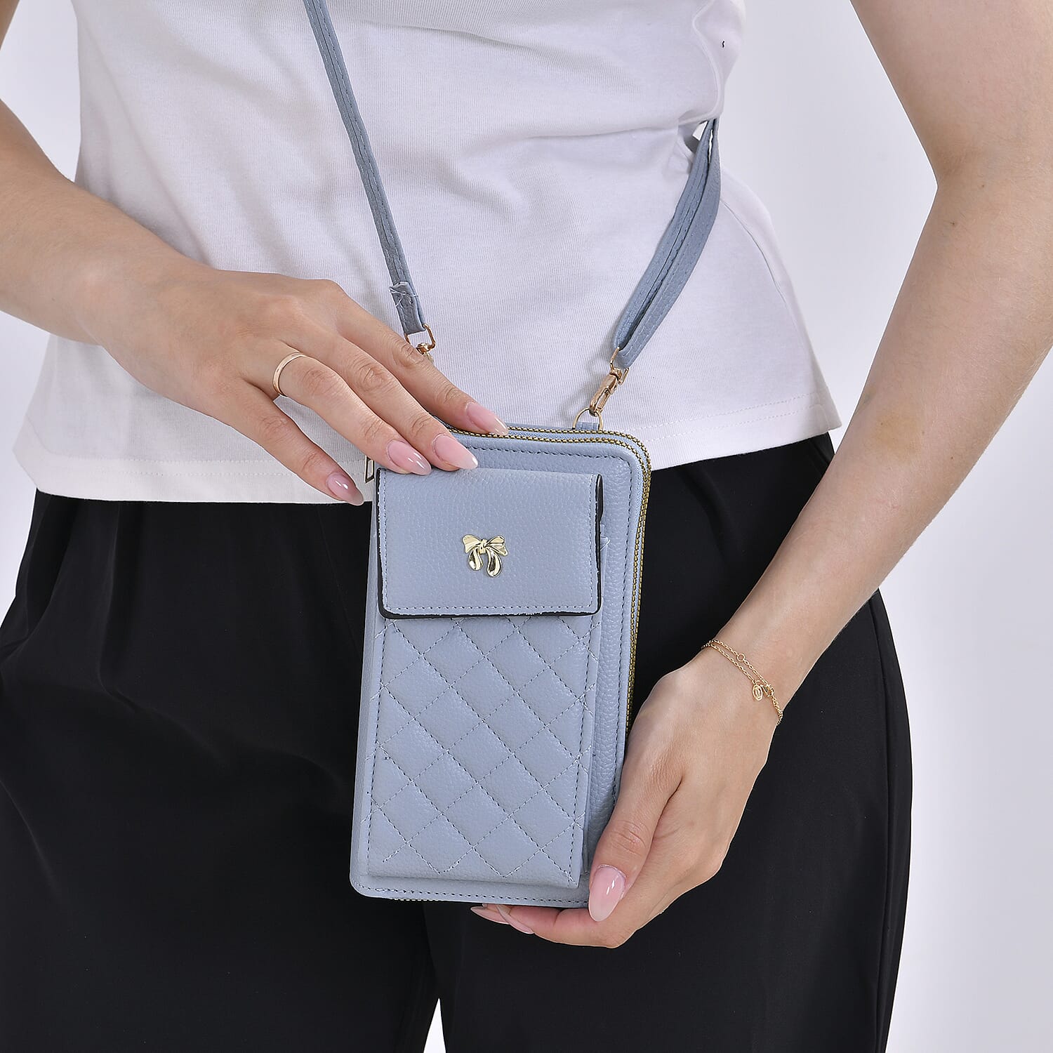 Leatherette Crossbody Mobile Phone Bag - Light Blue