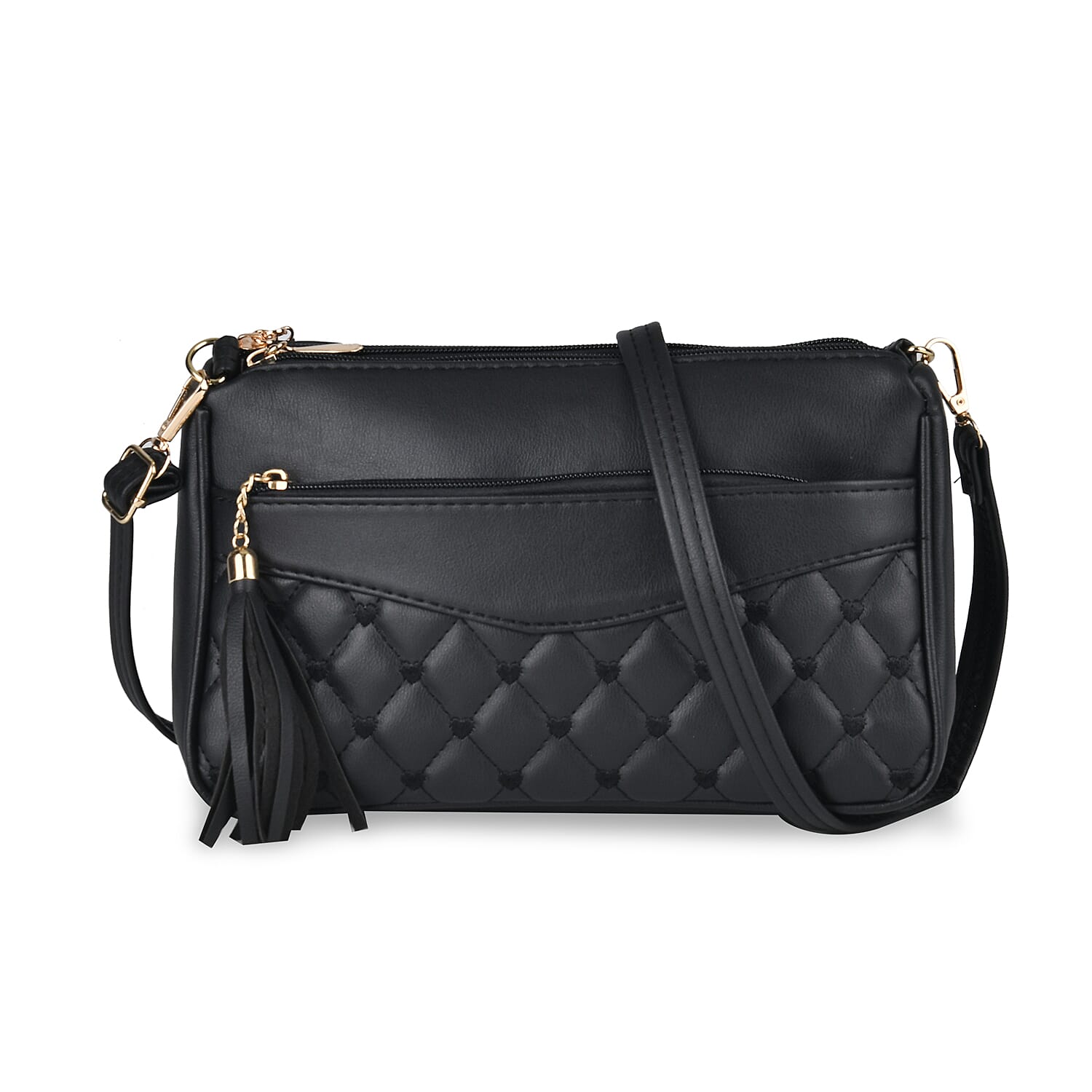 Leatherette Quilted Pattern Crossbody Bag with Adjustable Long Strap - Black