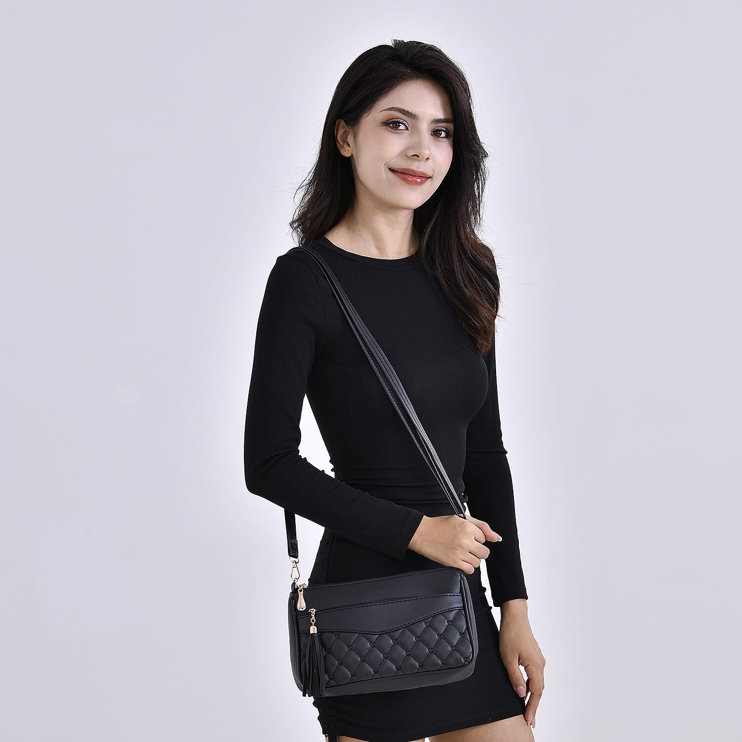 Leatherette Quilted Pattern Crossbody Bag with Adjustable Long Strap - Black