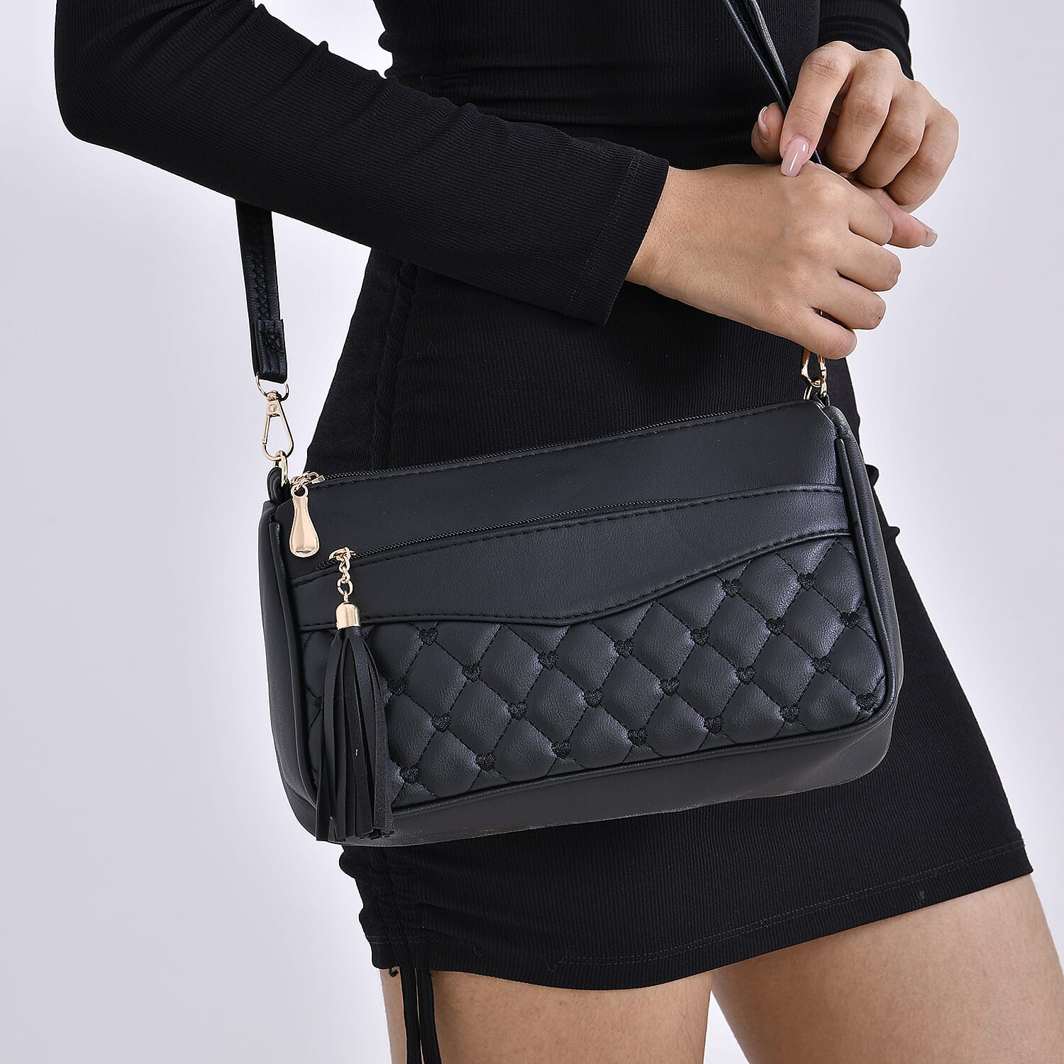 Leatherette Quilted Pattern Crossbody Bag with Adjustable Long Strap - Black